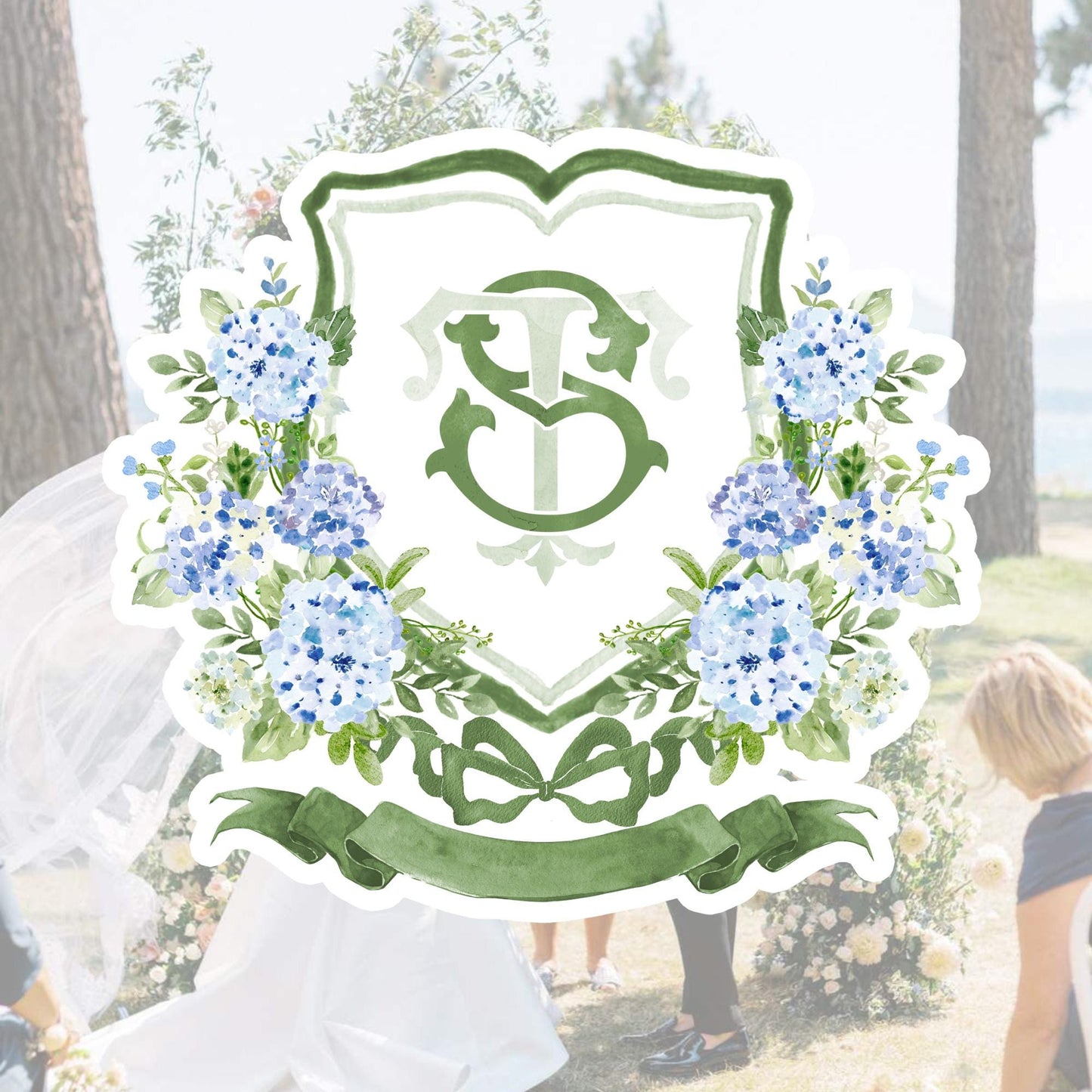 Hydrangea Blue Wedding Crest - Monogram Crest - Light Blue Hydrangea Floral Luxury Watercolor Wedding Crest - Romantic Wedding Crest