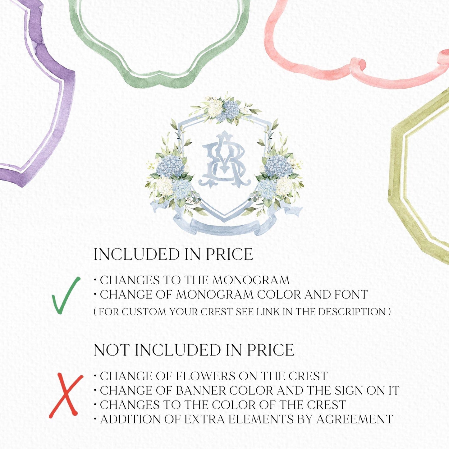 Hydrangea Flower Wedding Crest - Monogram Crest - Hydrangea Floral Luxury Watercolor Wedding Crest - Romantic Wedding Crest- Boho Hydrangea