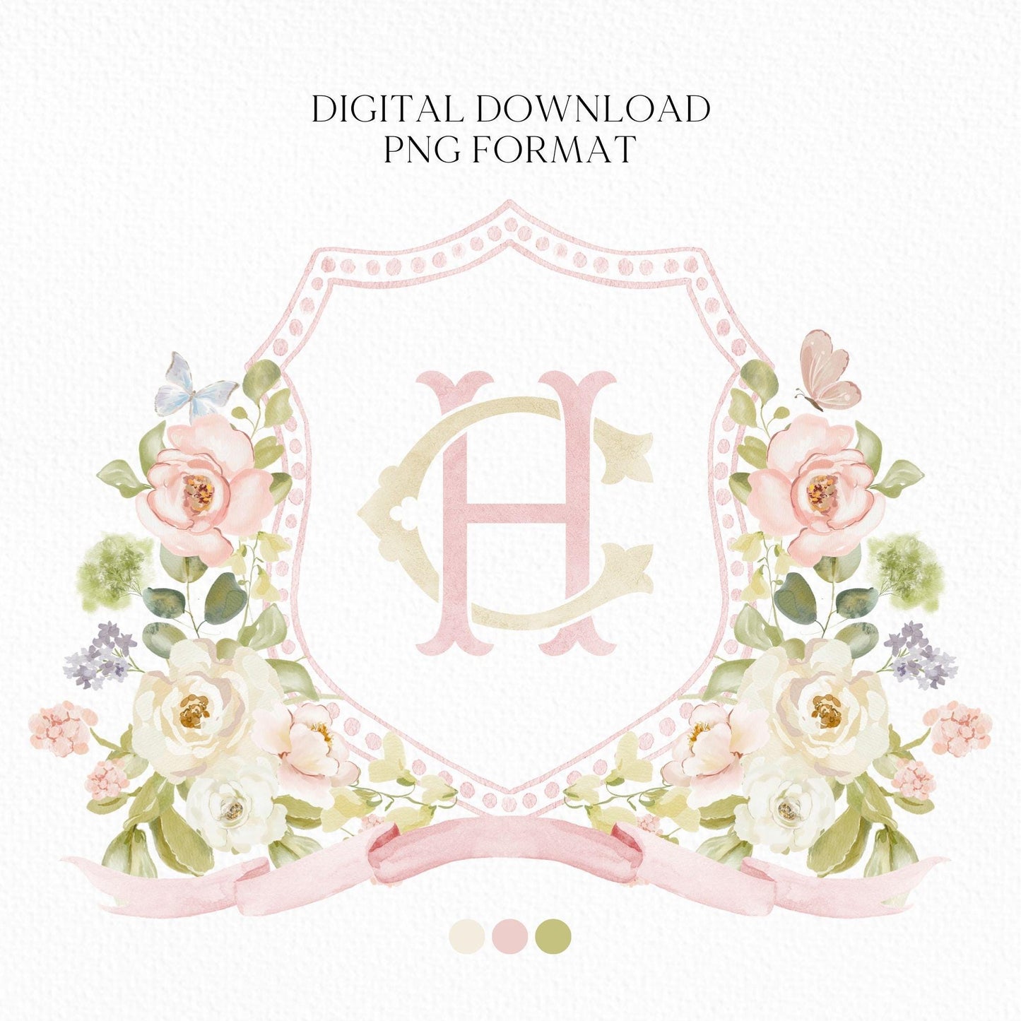 Rose Spring Greenery White Flower Wedding Crest - Monogram Crest - blush Pink Floral Watercolor Wedding Crest - Romantic Wedding Crest