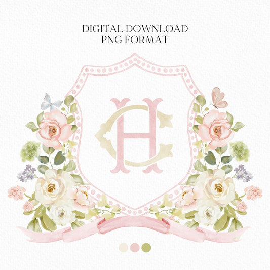 Rose Spring Greenery White Flower Wedding Crest - Monogram Crest - blush Pink Floral Watercolor Wedding Crest - Romantic Wedding Crest