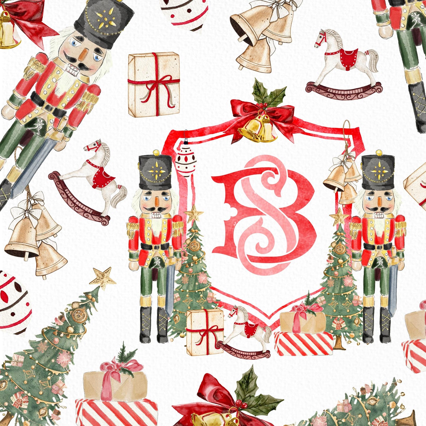 Nutcracker Christmas Crest - Monogram Crest - Christmas Watercolor Crest DIY - Luxury Watercolor Wedding Crest - Nutcracker Red Christmas