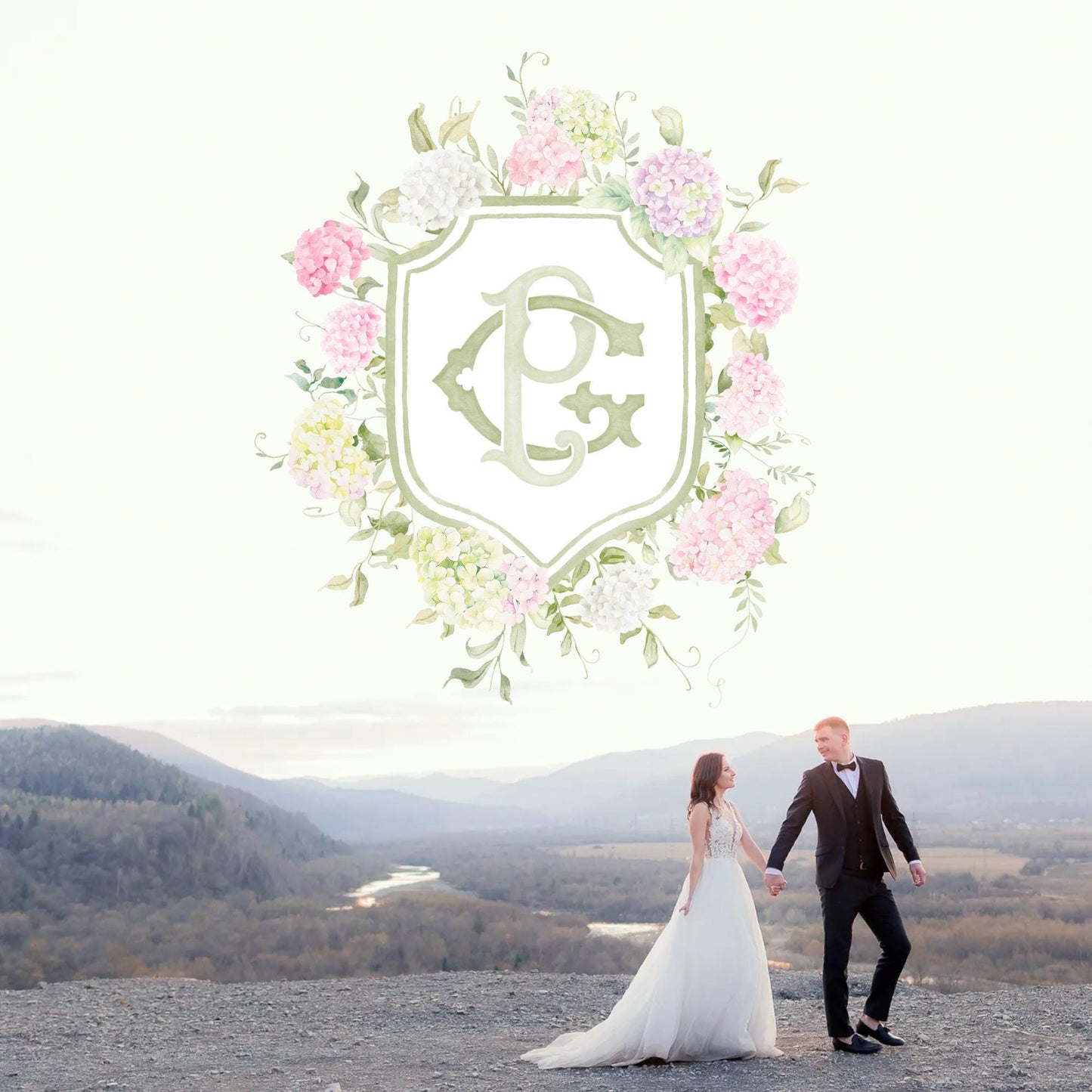 Blue White Pink Hydrangea Flower Wedding Crest - Monogram Crest - Pastel Color Hydrangea Floral Luxury Watercolor Wedding Crest