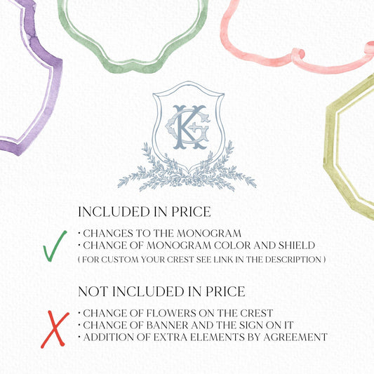 Vintage Blue Botanicals Flower Crest - Monogram Crest - Botanicals Floral Luxury Line art Wedding Crest - Romantic Wedding Crest