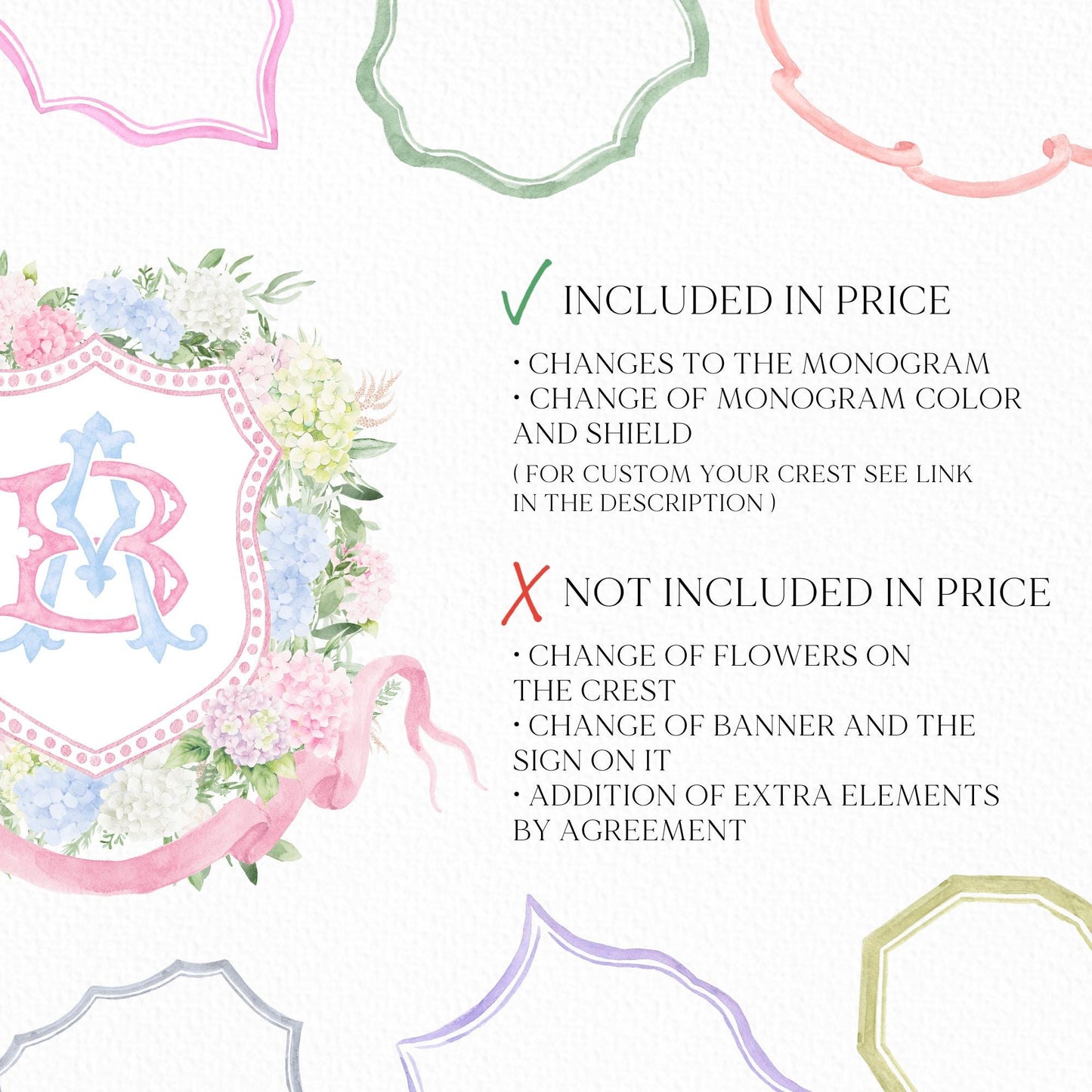 Blue White Pink Hydrangea Flower Wedding Crest - Monogram Crest - Pastel Color Hydrangea Floral Luxury Watercolor Wedding Crest