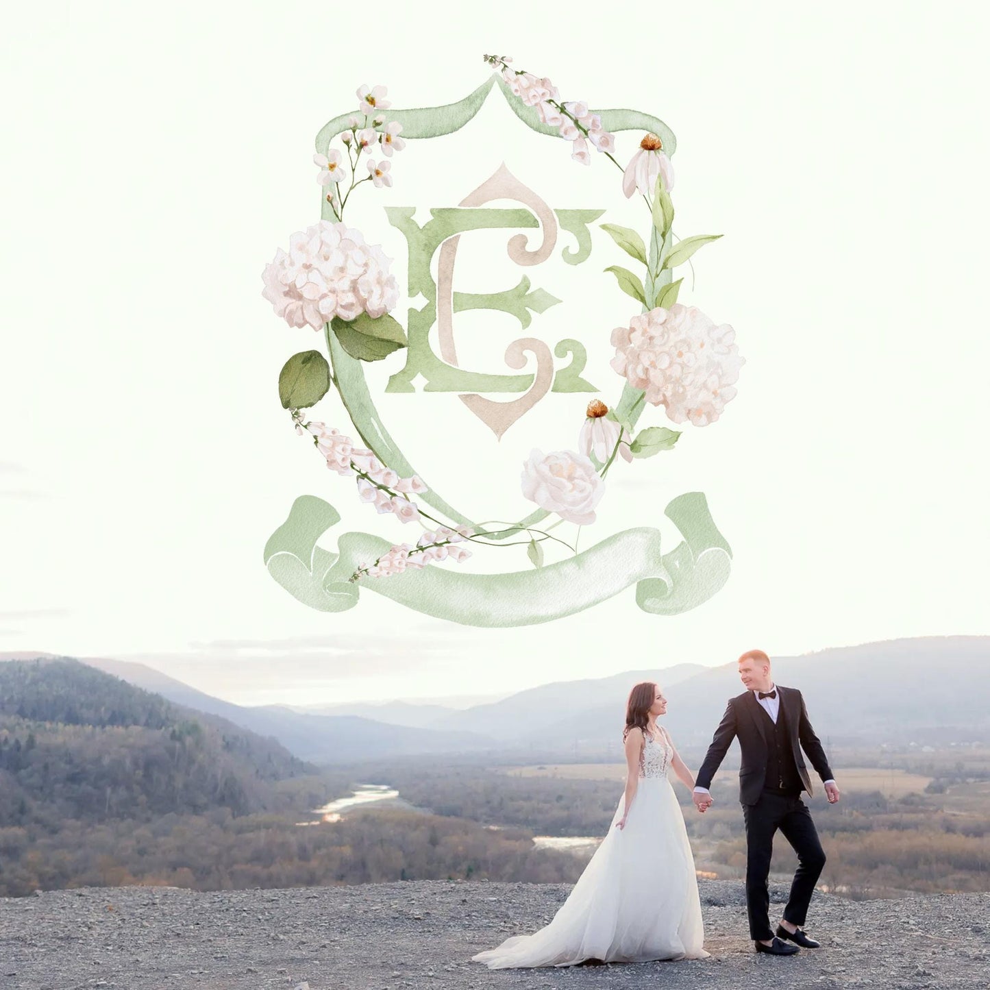 Hydrangea White Flower Wedding Crest - Monogram Crest - White Hydrangea Floral Luxury Watercolor Wedding Crest - Romantic Wedding Crest