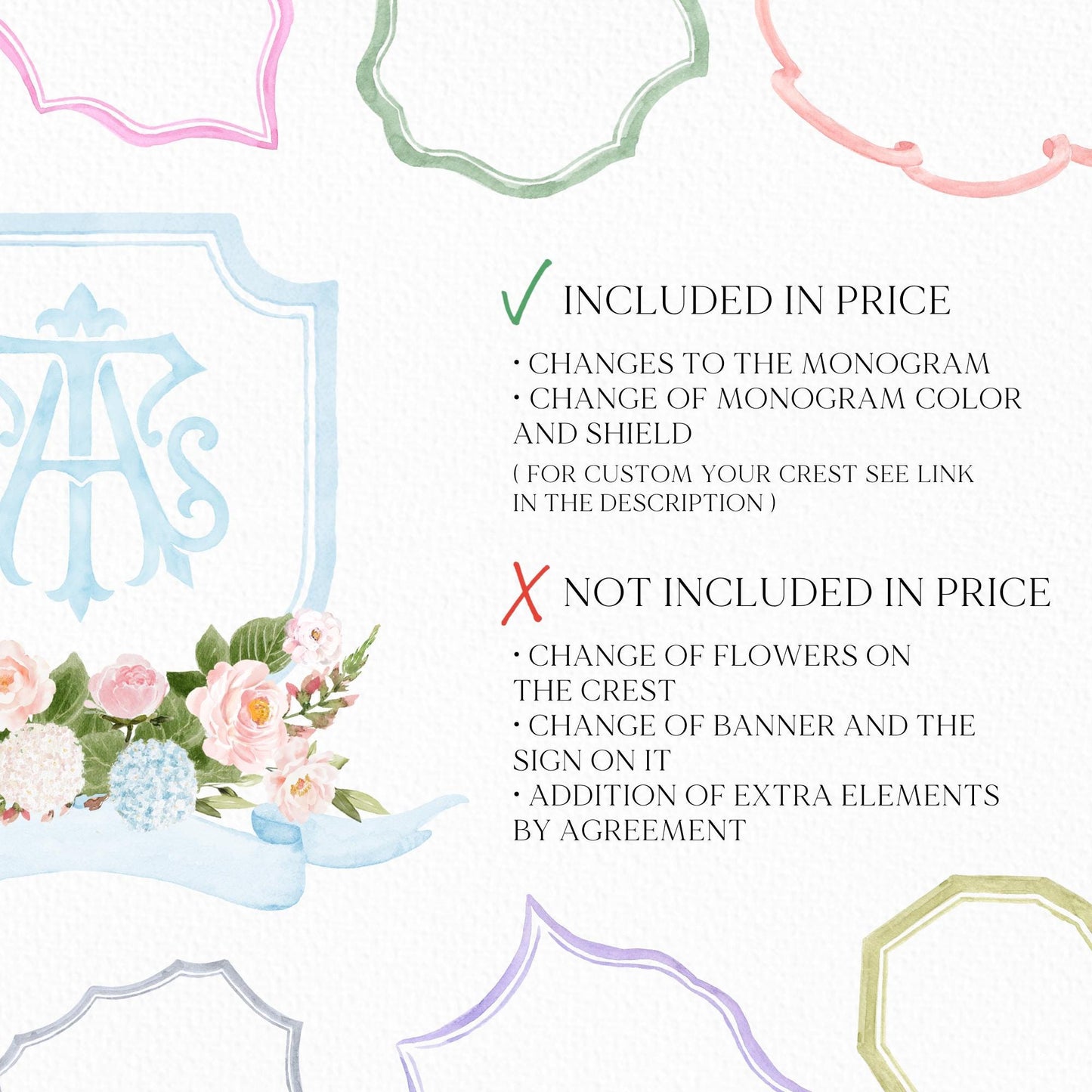 White Hydrangea Blush Pink Rose Flower Wedding Crest - Monogram Crest - Light Blue Hydrangea Floral Luxury Watercolor Wedding Crest