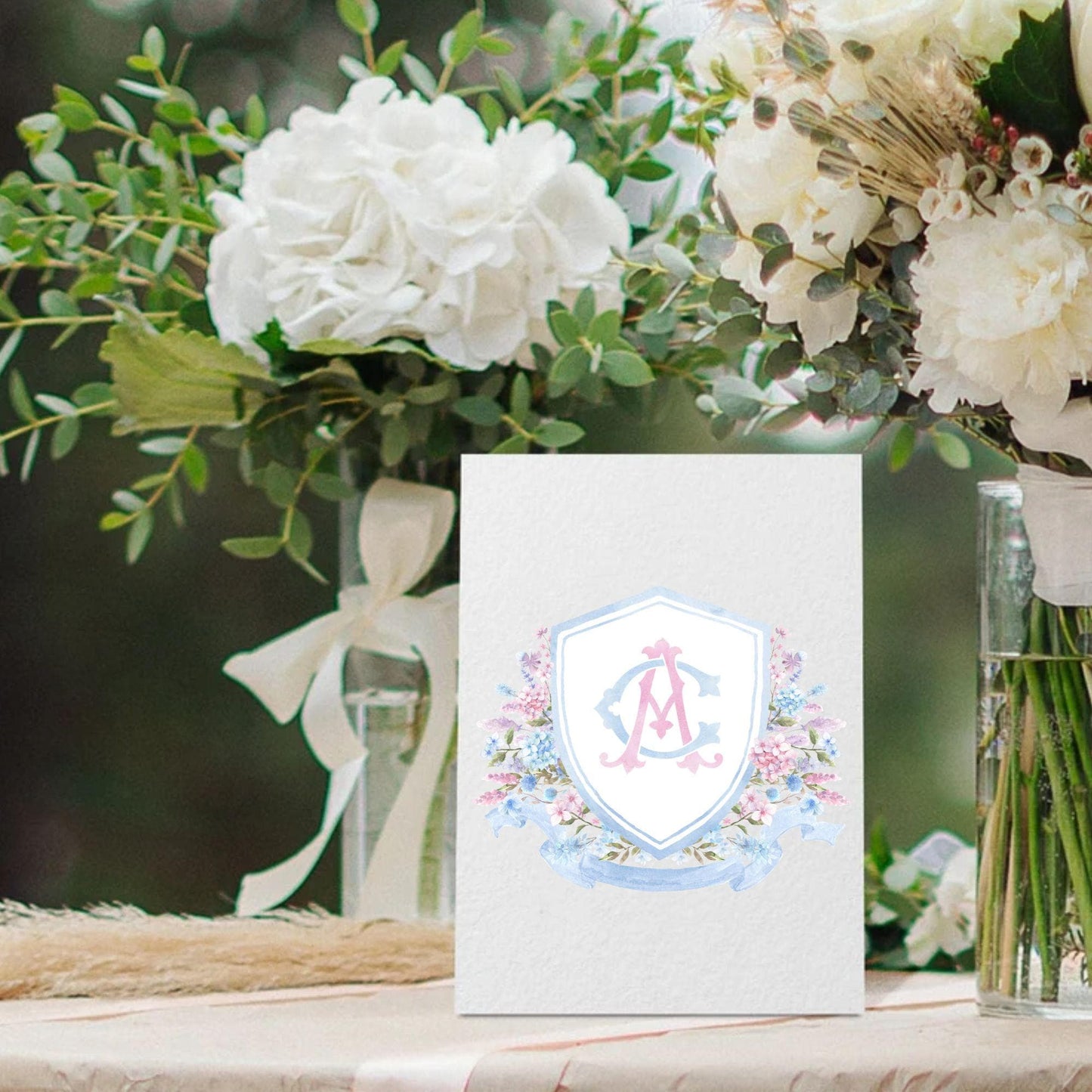 Pink Blue Hydrangea Flower Wedding Crest - Monogram Crest - Hydrangea Floral Luxury Watercolor Wedding Crest - Romantic Wedding Crest