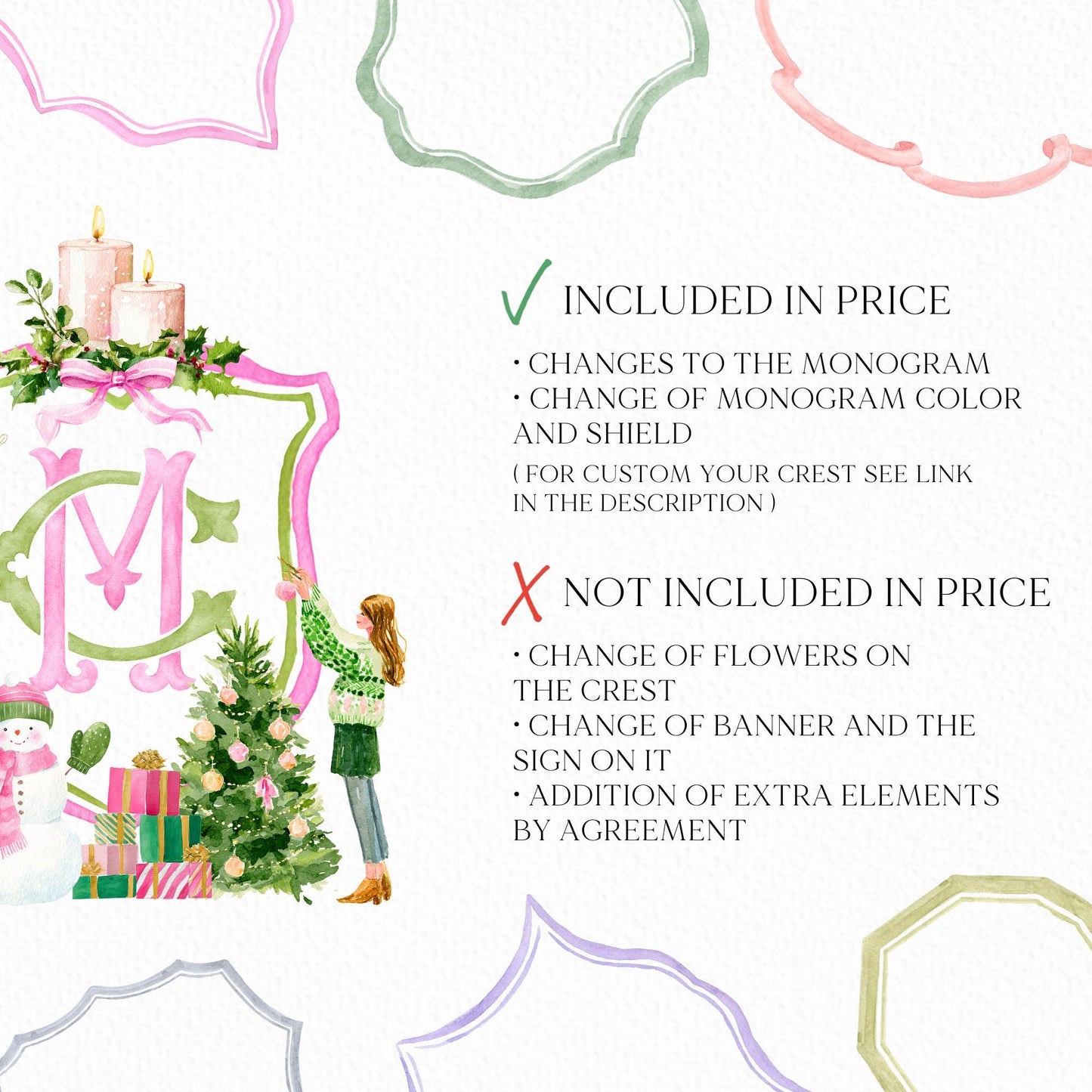 Nutcracker Christmas Wedding Crest - Monogram Crest - Winter Floral Watercolor Wedding Crest - Winter Christmas Wedding Light Pink Crest