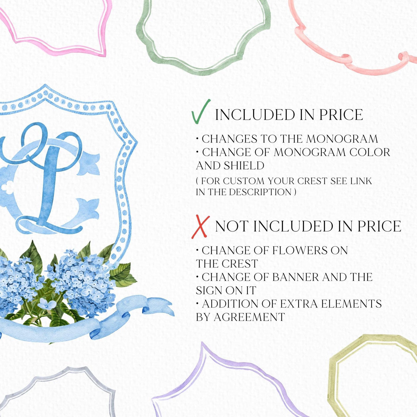 Blue Hydrangea Flower Wedding Crest - Monogram Crest - Hydrangea Floral Luxury Watercolor Wedding Crest - Romantic Wedding Crest