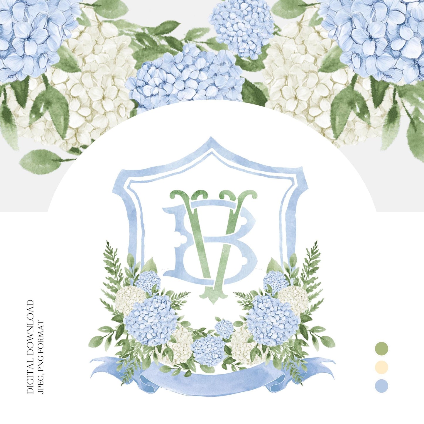 White Blue Hydrangea Flower Wedding Crest - Monogram Crest - Hydrangea Floral Luxury Watercolor Wedding Crest - Romantic Wedding Crest
