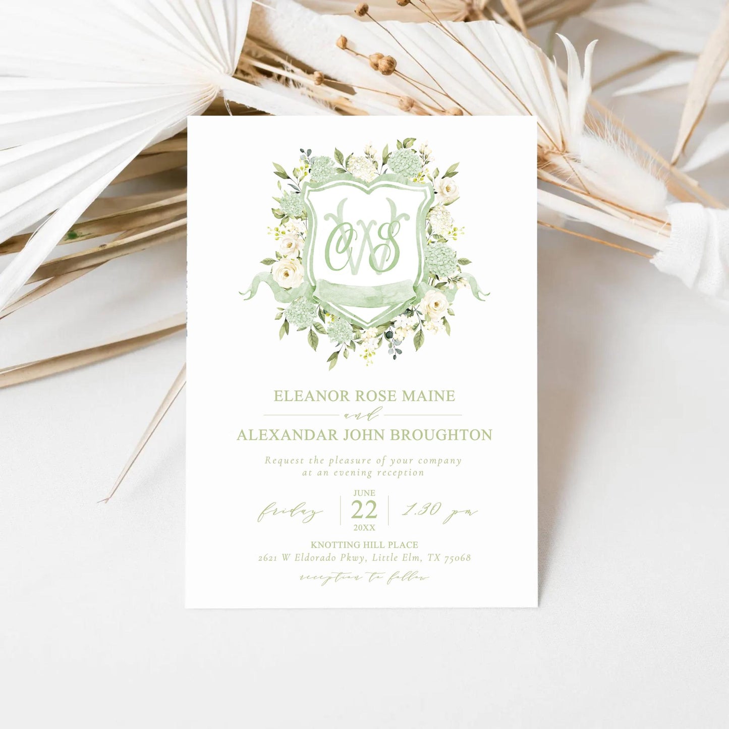 Green Hydrangea Flower Wedding Crest - Monogram Crest - Hydrangea Floral Watercolor Wedding Crest - Romantic Wedding Crest - Boho Hydrangea
