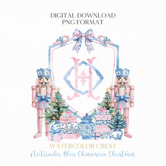 Nutcracker Blue Chinoiserie Christmas Crest - Monogram Crest - Christmas Watercolor Crest DIY - Luxury Watercolor Wedding Crest - Christmas