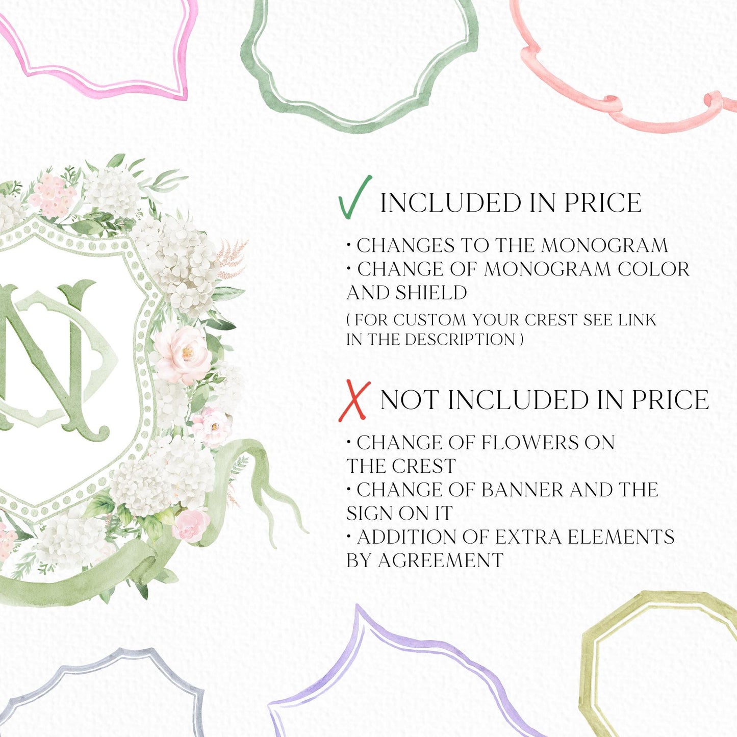 White Hydrangea Flower Wedding Crest - Monogram Crest - Light Pink Roses Hydrangea Floral Watercolor Wedding Crest - Romantic Wedding Crest