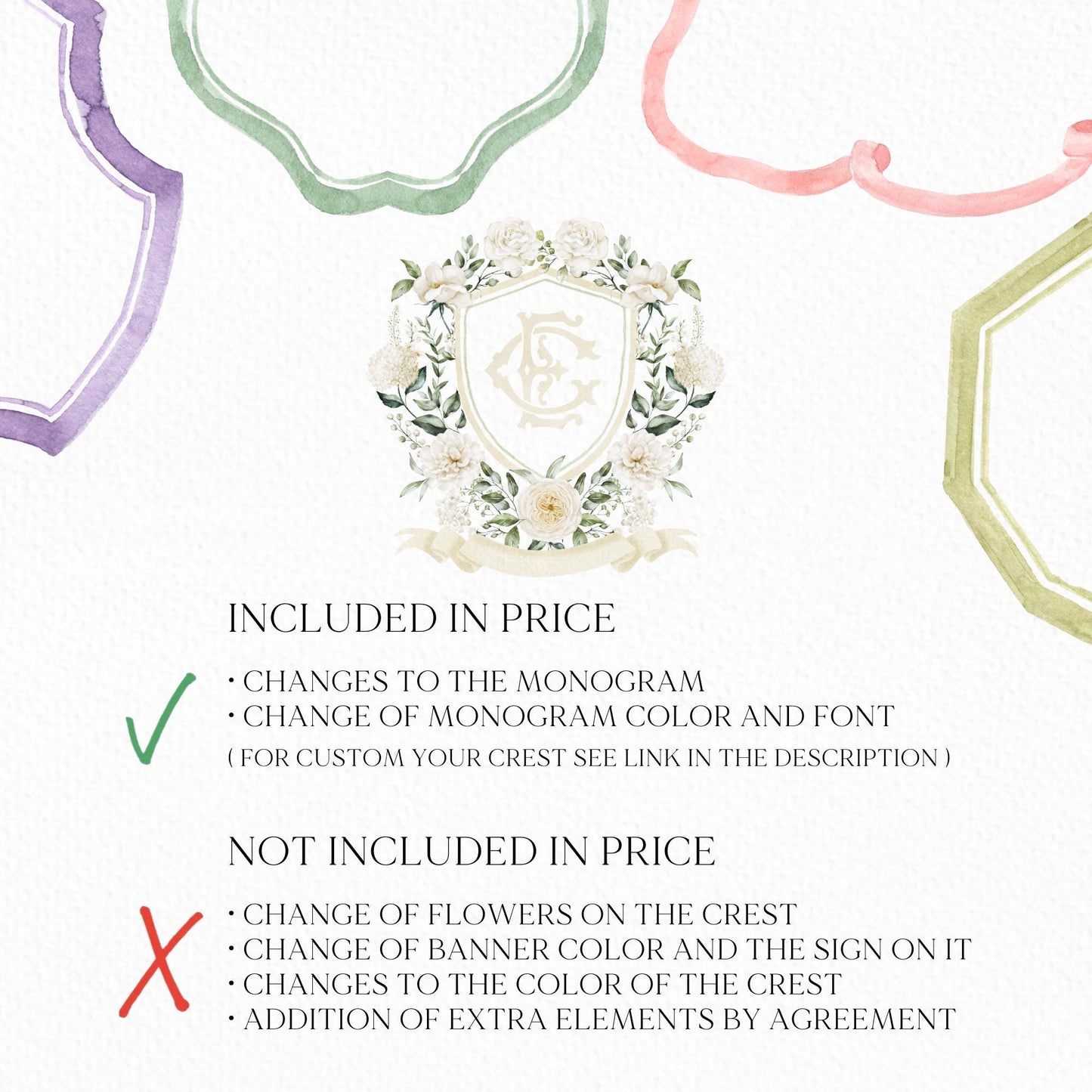 White Rose Greenery Hydrangea Flower Wedding Crest - Monogram Crest - Hydrangea White Floral Watercolor Wedding Crest Romantic Wedding Crest