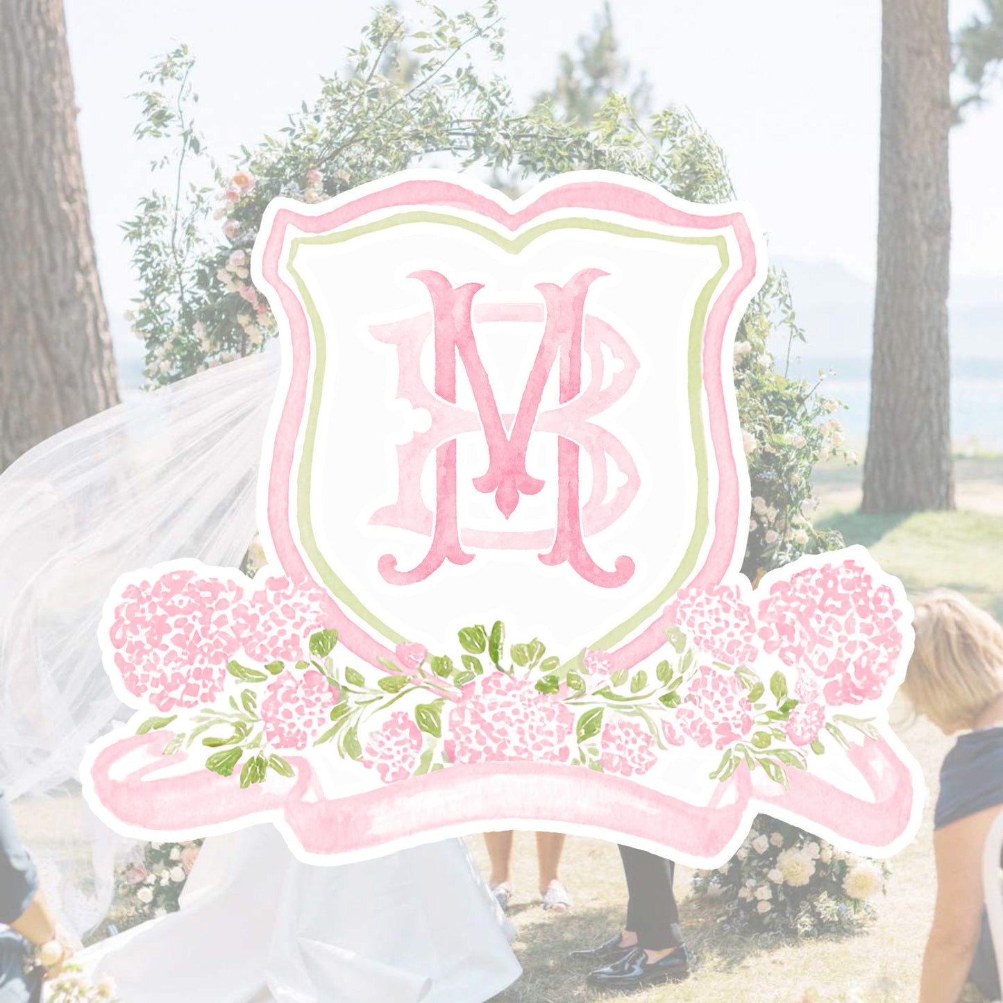 Pink Hydrangea Flower Wedding Crest - Monogram Crest - Light Pink Color Hydrangea Floral Luxury Watercolor Wedding Crest