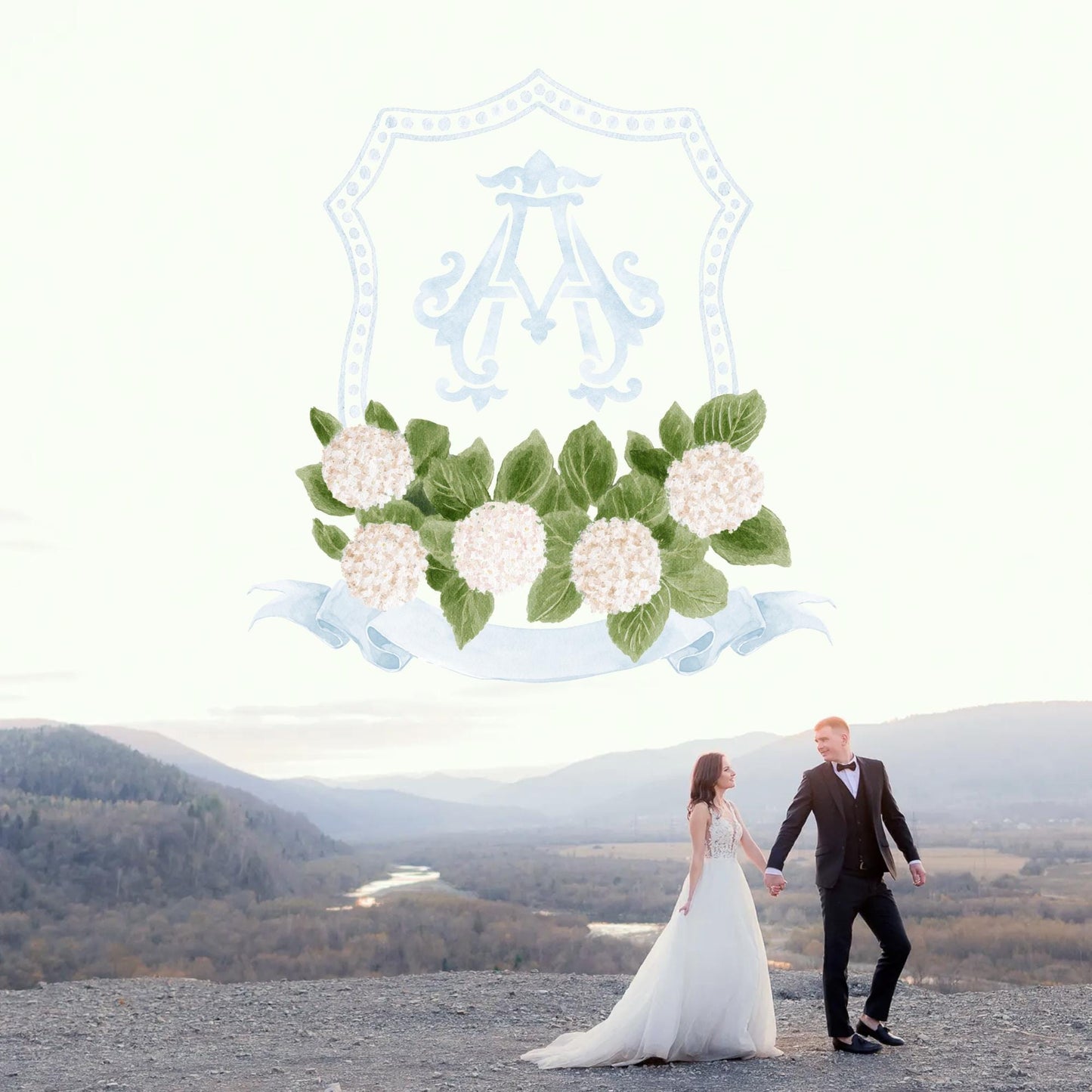 Hydrangea White Flower Wedding Crest - Monogram Crest - White Hydrangea Floral Luxury Watercolor Wedding Crest - Romantic Wedding Crest