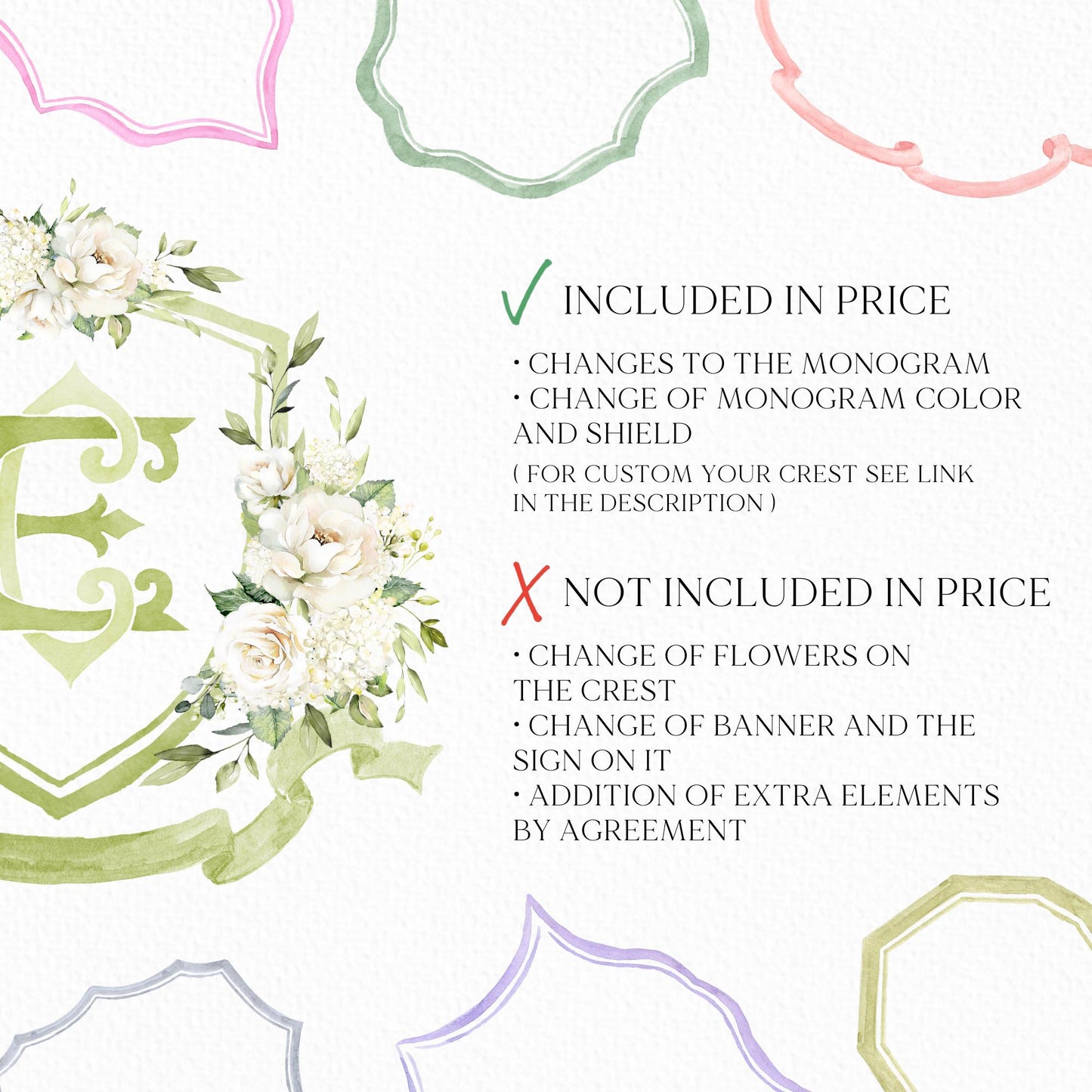 White Rose Greenery White Flower Wedding Crest - Monogram Crest - White Cream Roses flower Watercolor Wedding Crest - Romantic Wedding Crest