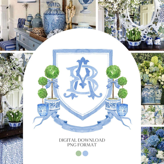 Chinoiserie Blue Topiary Wedding Crest - Monogram Crest - Chinoiserie Blue Watercolor Wedding Crest Romantic Wedding Crest
