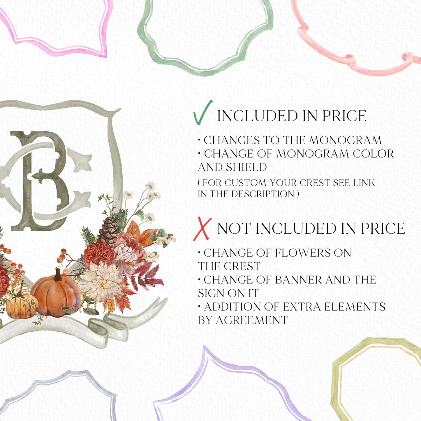 Autumn Watercolor Flower Leaf Wedding Crest - Monogram Crest - Rustic Fall Floral Luxury Watercolor Wedding Crest - Pumpkins Wedding Crest