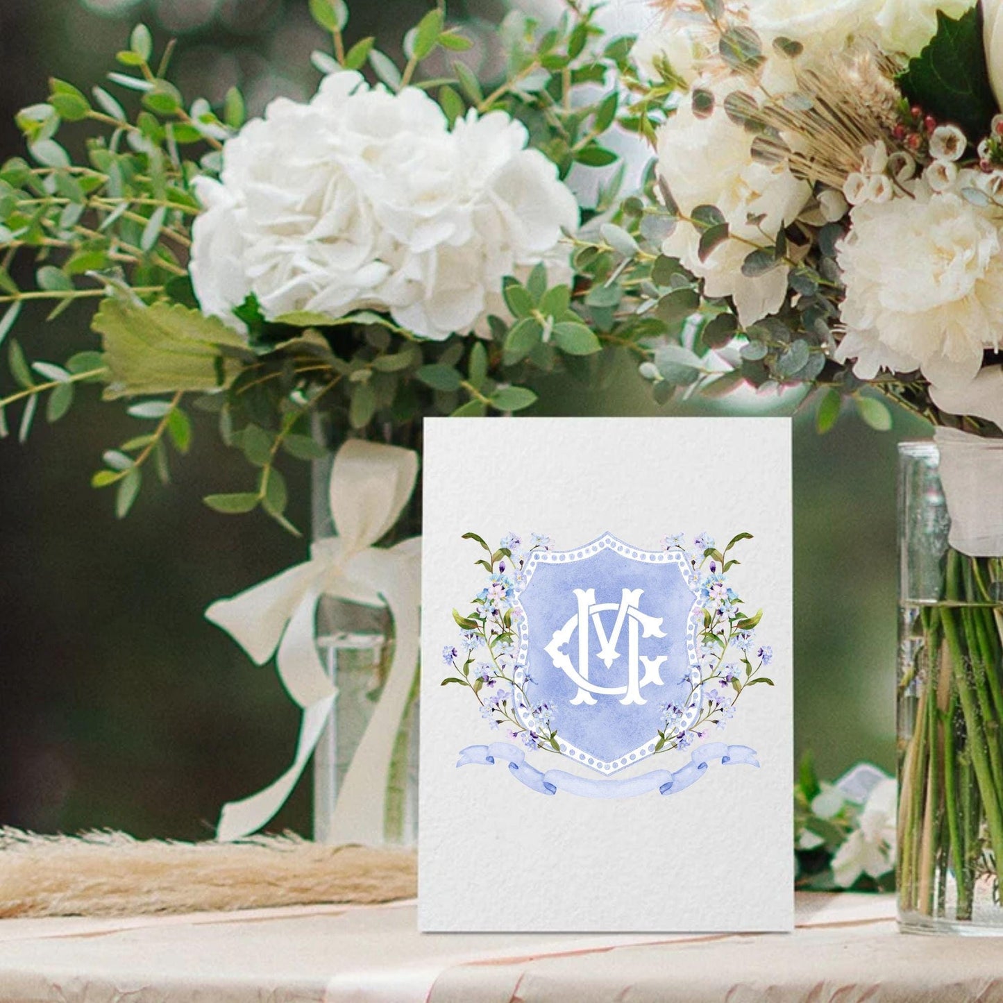 Wildflower Blue Spring Flower Wedding Crest - Monogram Crest - Wildflower bohemian Floral Watercolor Wedding Crest - Romantic Wedding Crest