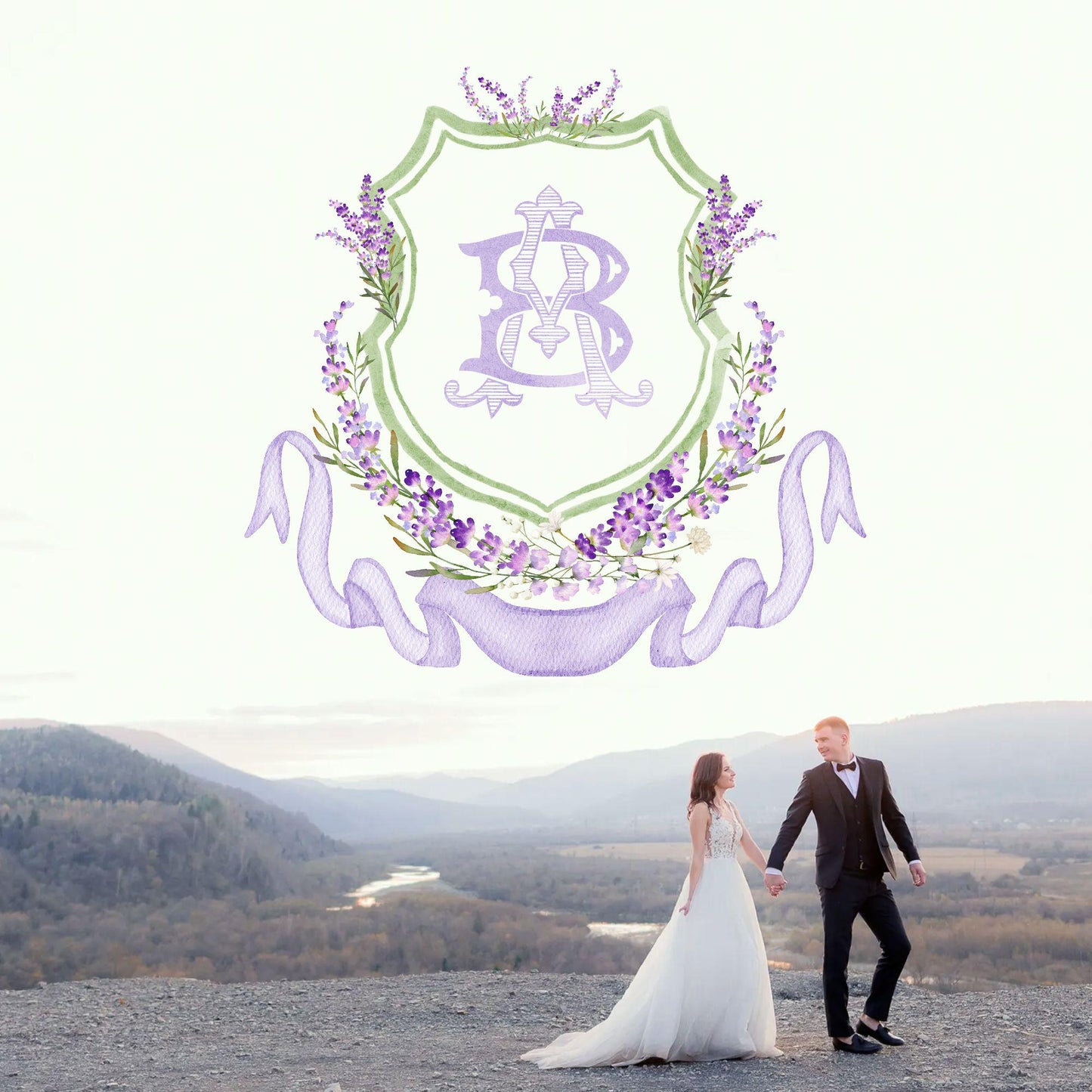 Lilac Lavender Purple Flower Wedding Crest - Monogram Crest - lavender purple Floral Luxury Watercolor Wedding Crest, Romantic Wedding Crest