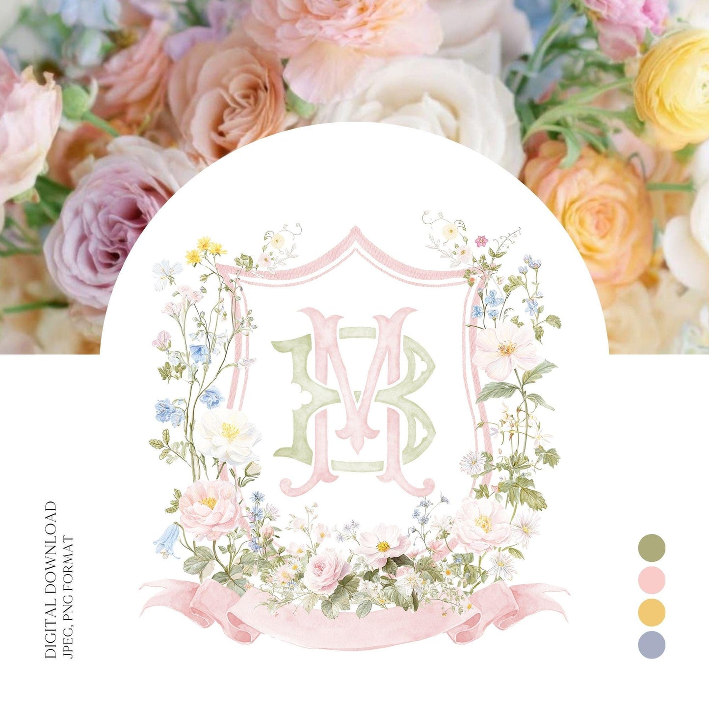 Pastel Wildflowers Light Pink Watercolor Wedding Crest - Monogram Crest - Floral Watercolor Wedding Crest - Romantic Wedding Crest