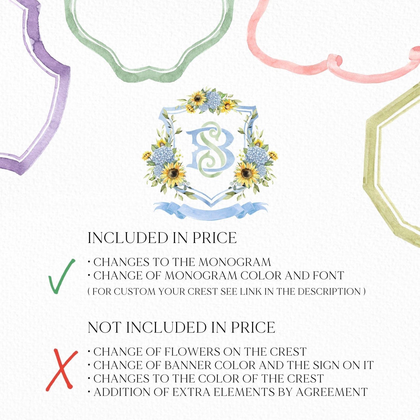 Sunflowers Dusty Blue Hydrangea Flower Wedding Crest - Monogram Crest - Hydrangea Floral Luxury Watercolor Wedding Crest - Wedding Crest