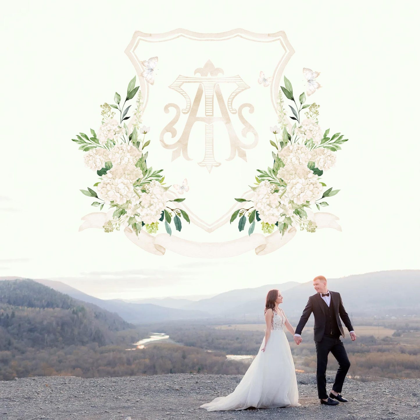 Hydrangea White Greenery Flower Wedding Crest - Monogram Crest - Hydrangea White Floral Watercolor Wedding Crest Romantic Wedding Crest