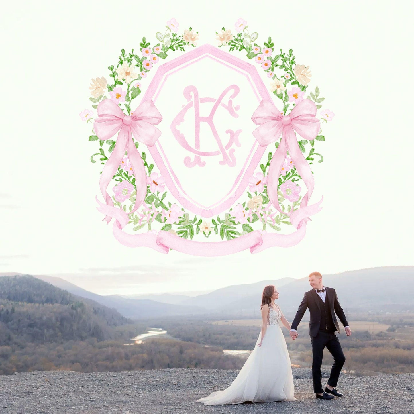 Watercolor Crest wedding Pink Little Flowers Bow Greenery Flower Wedding Crest - Monogram Crest - Floral Watercolor Wedding Crest