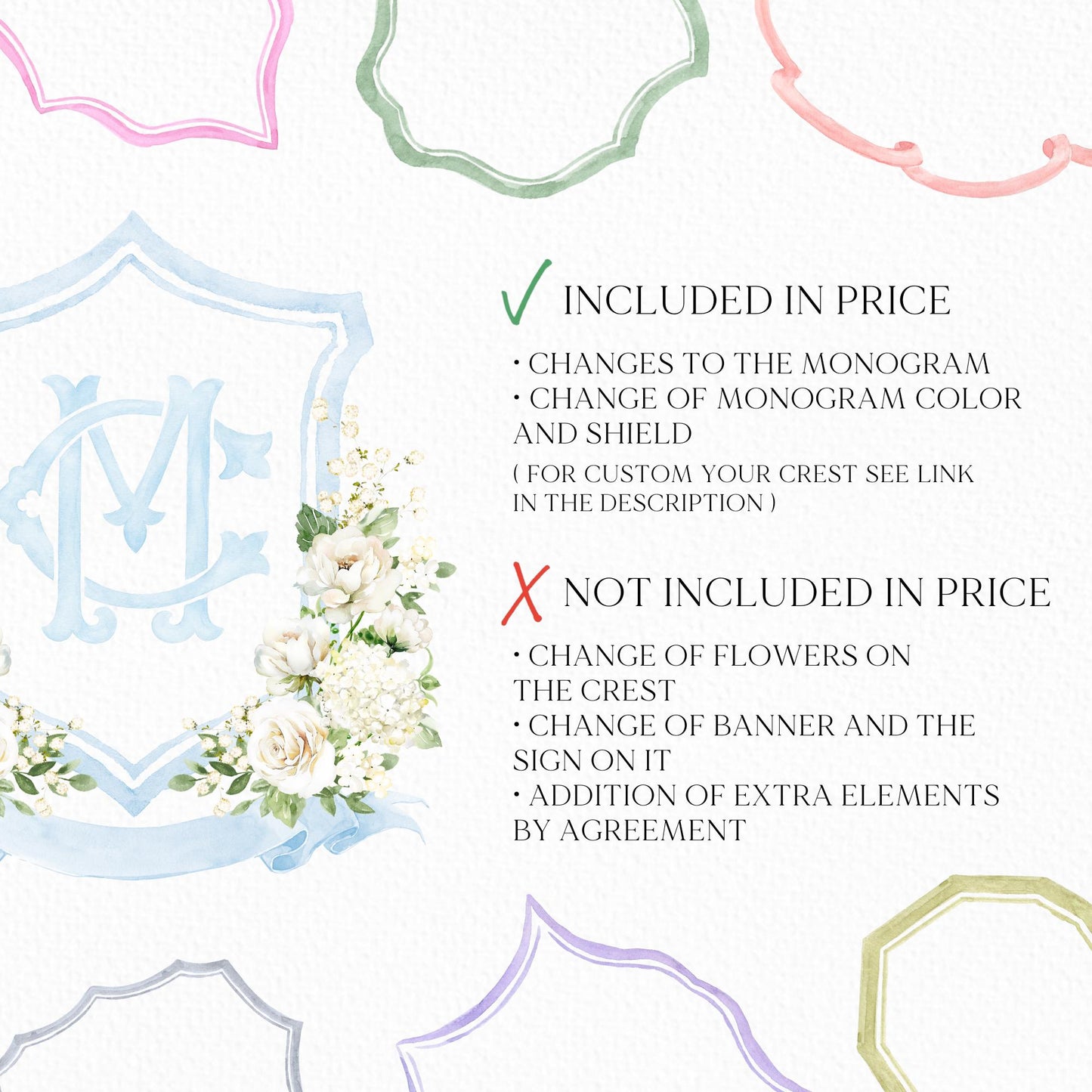 White Rose Greenery White Flower Wedding Crest - Monogram Crest - White Cream Roses flower Watercolor Wedding Crest - Romantic Wedding Crest