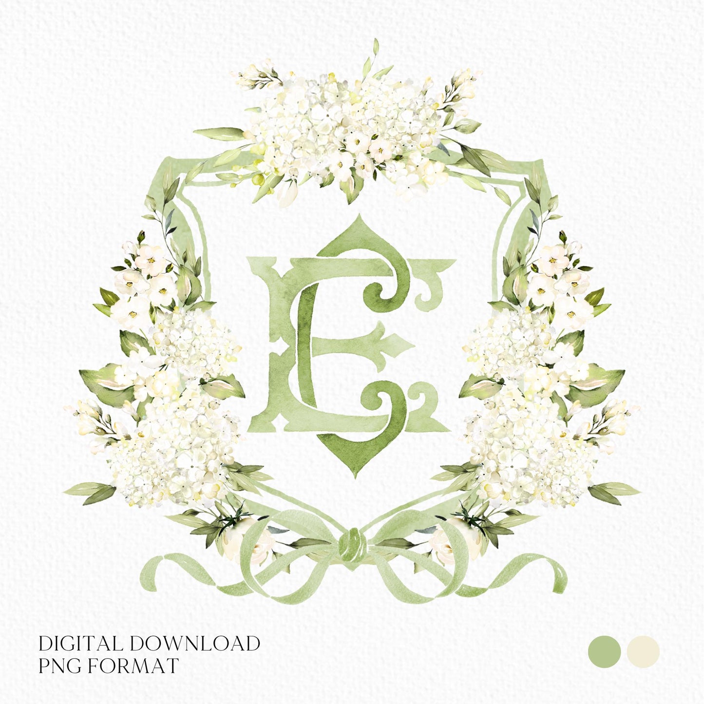 White Hydrangea Flower Greenery Wedding Crest - Monogram Crest - Hydrangea Floral Luxury Watercolor Wedding Crest - Romantic Wedding Crest