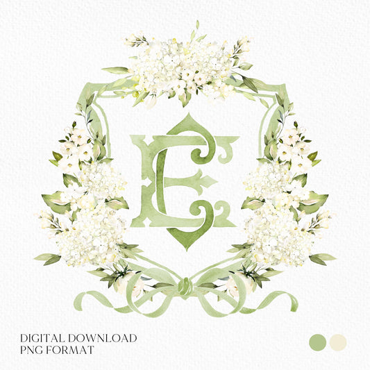 White Hydrangea Flower Greenery Wedding Crest - Monogram Crest - Hydrangea Floral Luxury Watercolor Wedding Crest - Romantic Wedding Crest