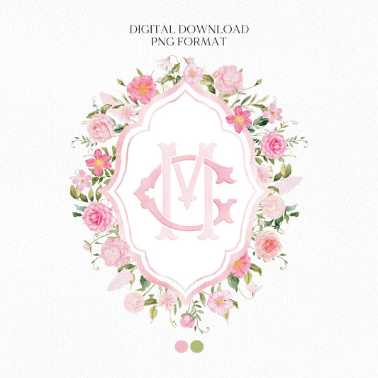 Roses Bouquets Flower Wedding Crest - Monogram Crest - Pink Peony Delicate Summer Floral Watercolor Wedding Crest - Romantic Wedding Crest