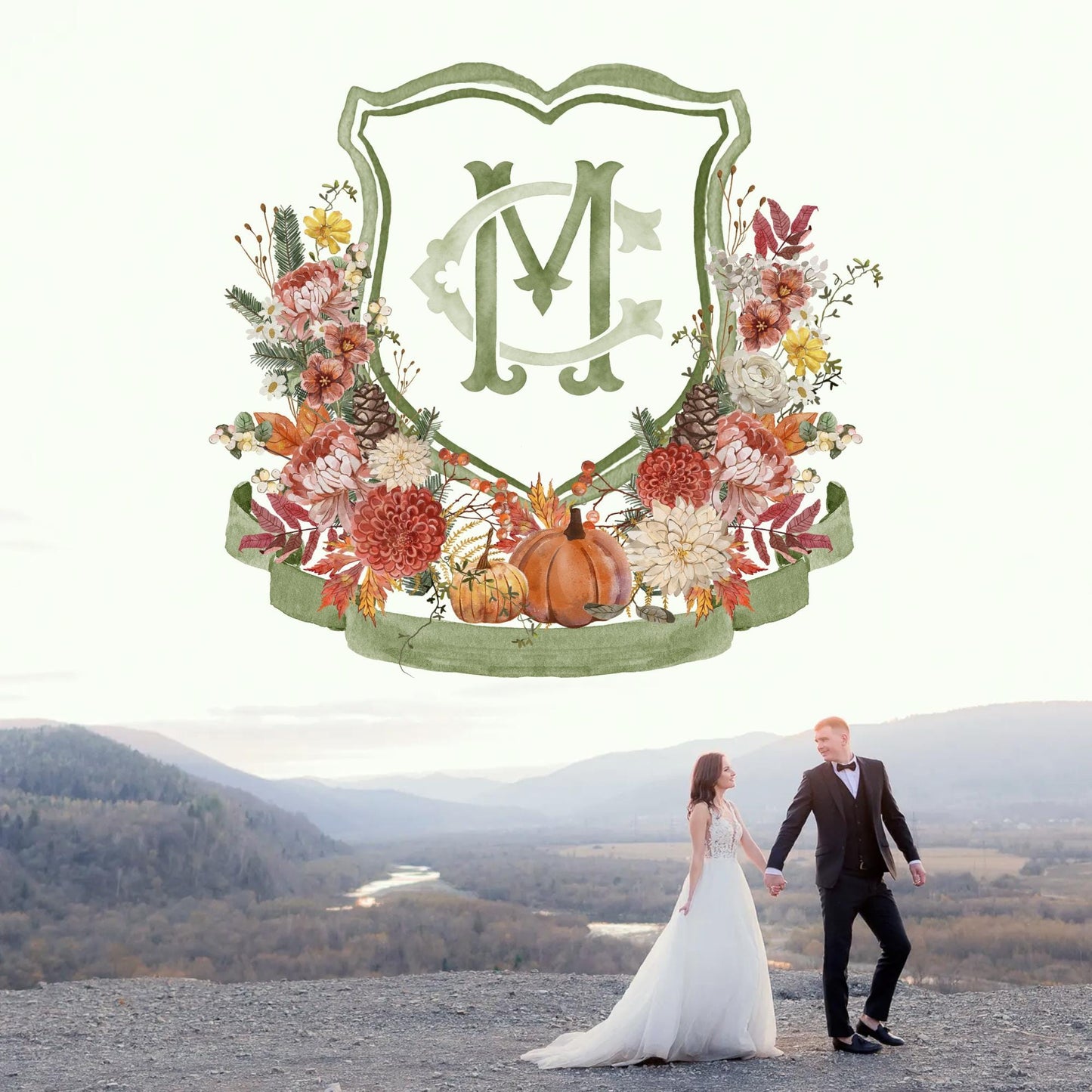 Autumn Watercolor Flower Leaf Wedding Crest - Monogram Crest - Rustic Fall Floral Luxury Watercolor Wedding Crest - Pumpkins Wedding Crest