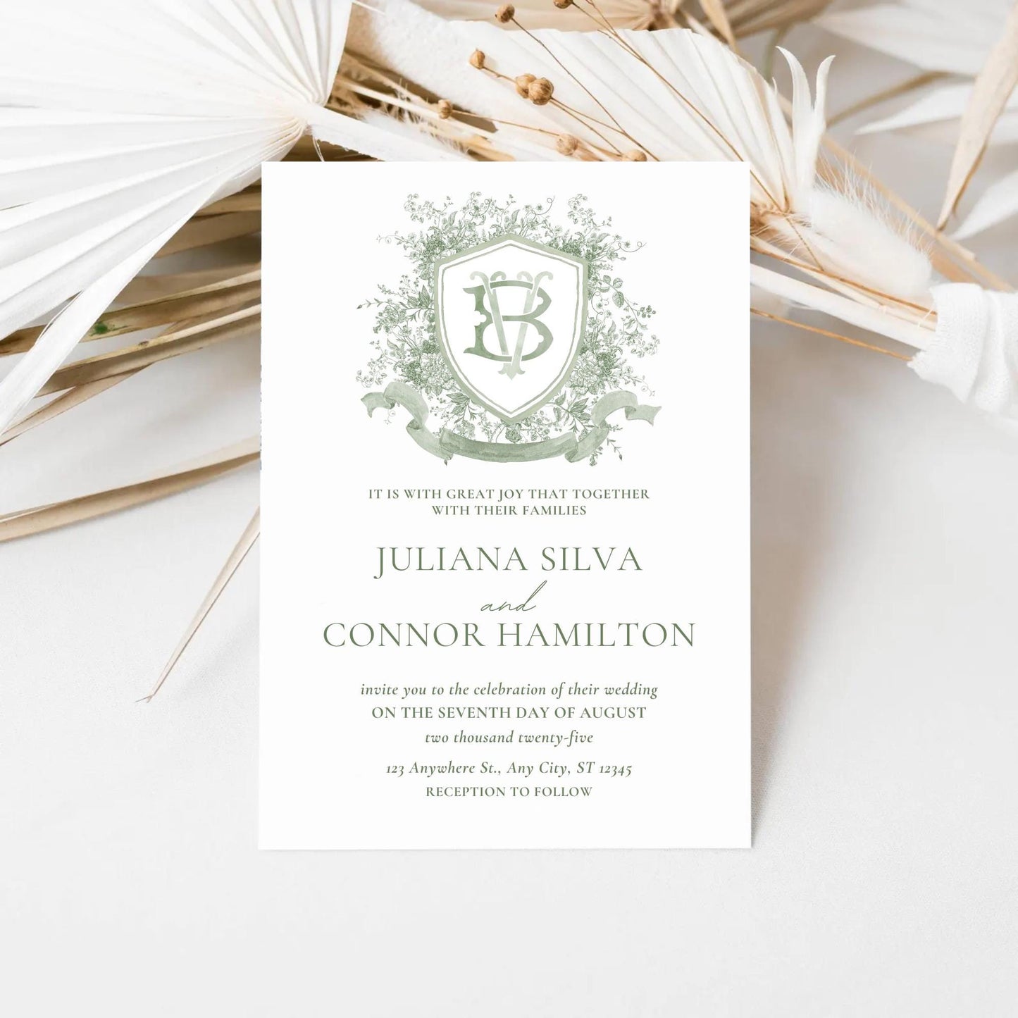 Vintage Moss Green Floral Wedding Crest - Monogram Crest - Vintage Floral Luxury Line art Wedding Crest - Romantic Wedding Crest