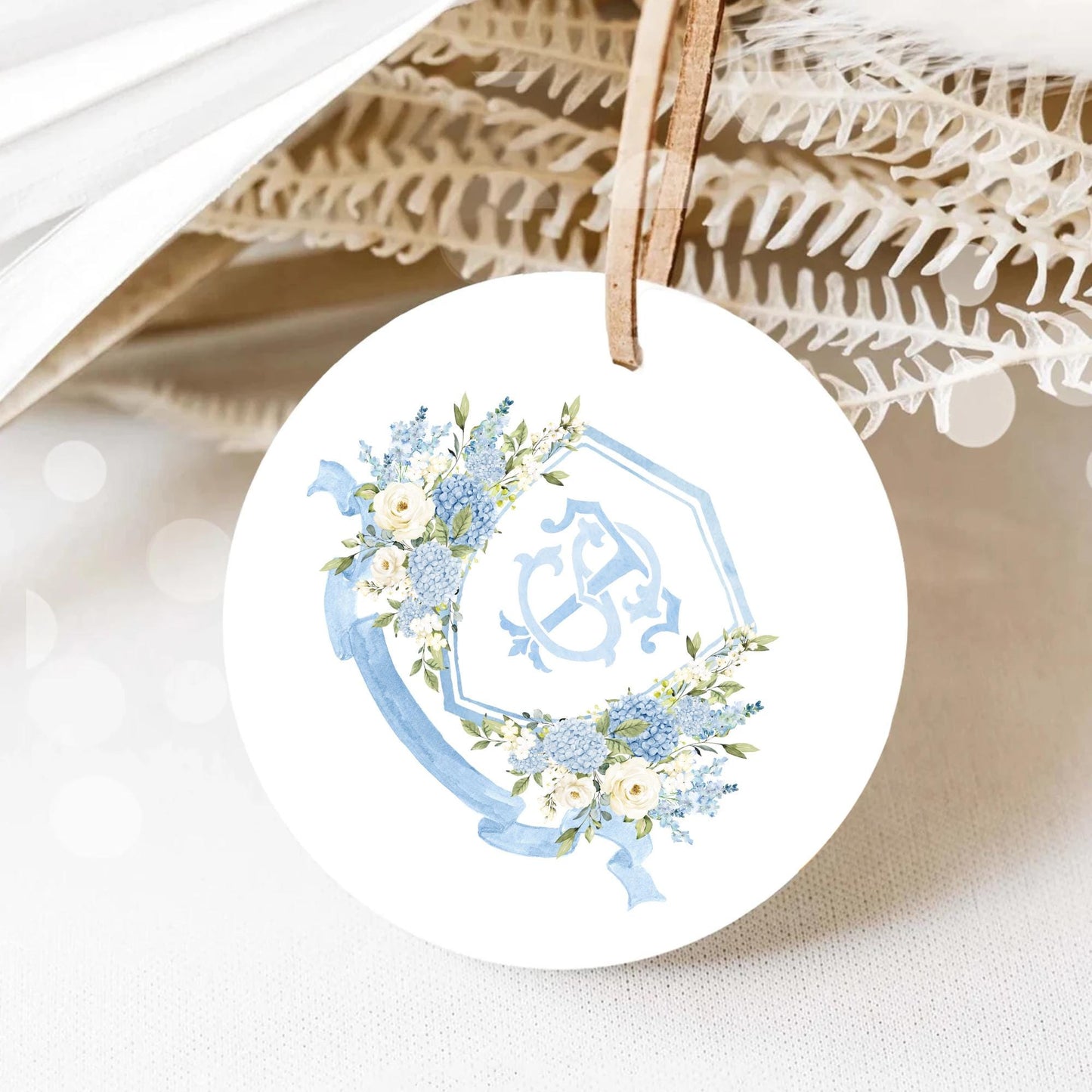 Blue Hydrangea Roses Flower Greenery Wedding Crest - Monogram Crest - Light Blue Delphinium Floral Luxury Watercolor Wedding Crest