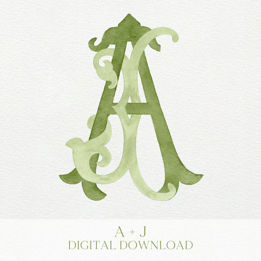 Watercolor Wedding Monogram - AJ Initial Crest (Digital Download)