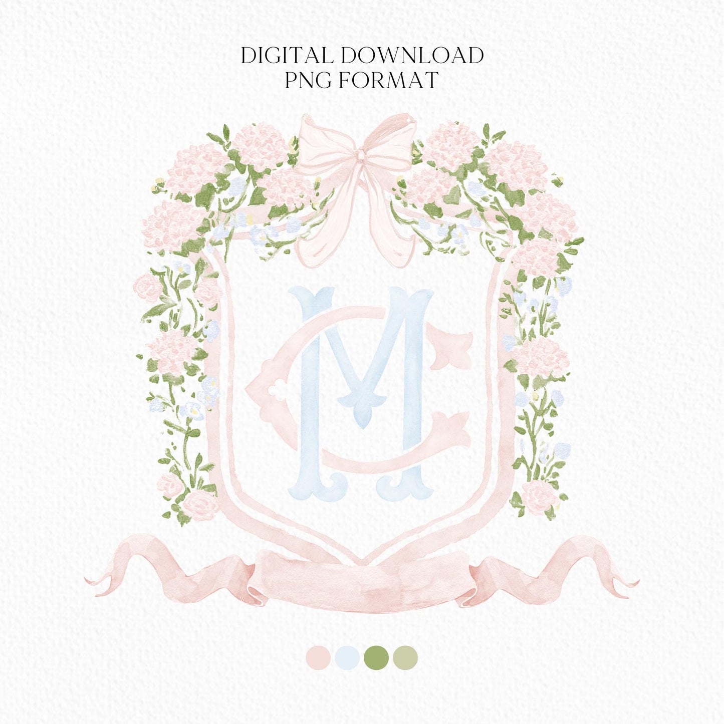 Hydrangea Pink Green Floral Wedding Crest - Monogram Crest - Green Baby's Breath Hydrangea Floral Luxury Watercolor Wedding Crest
