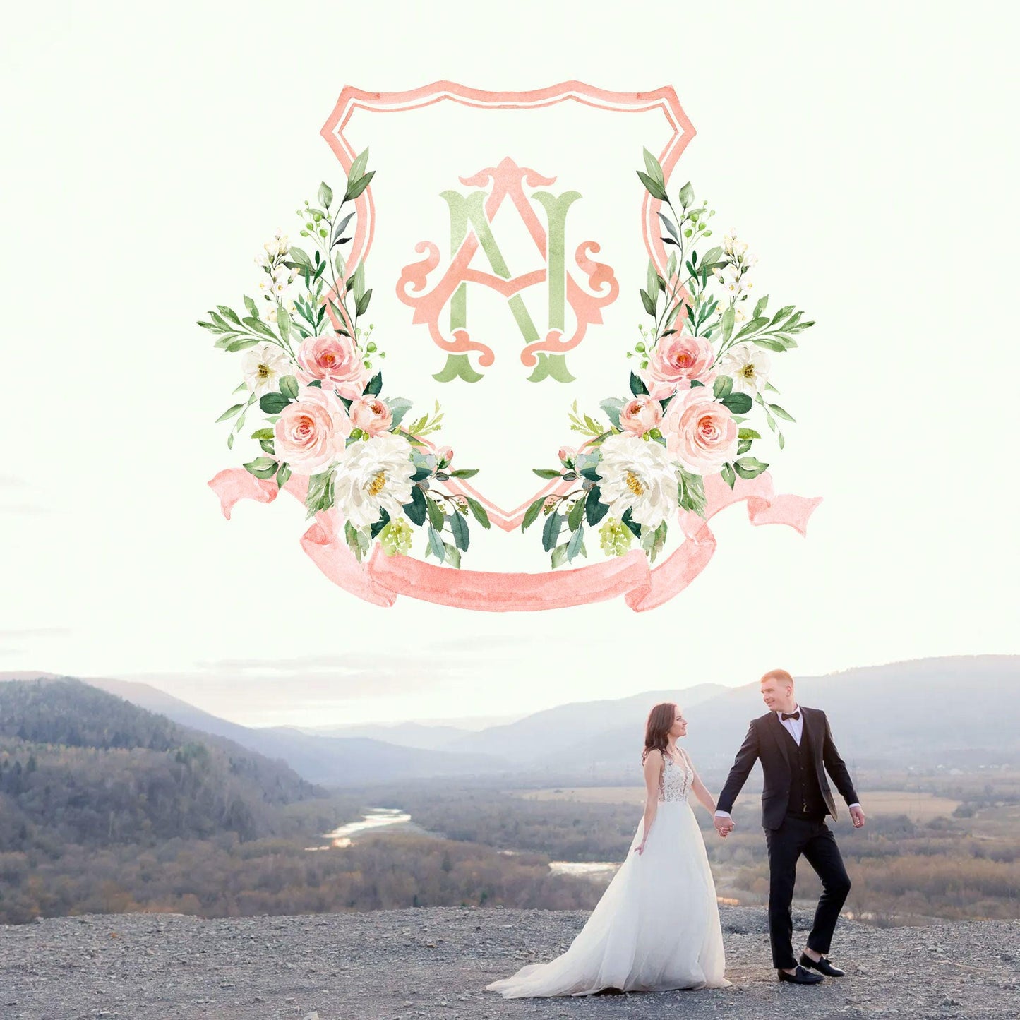 Blush Pink Floral Rustic Greenery Flower Wedding Crest - Monogram Crest - Floral Watercolor Wedding Crest - Romantic Wedding Crest