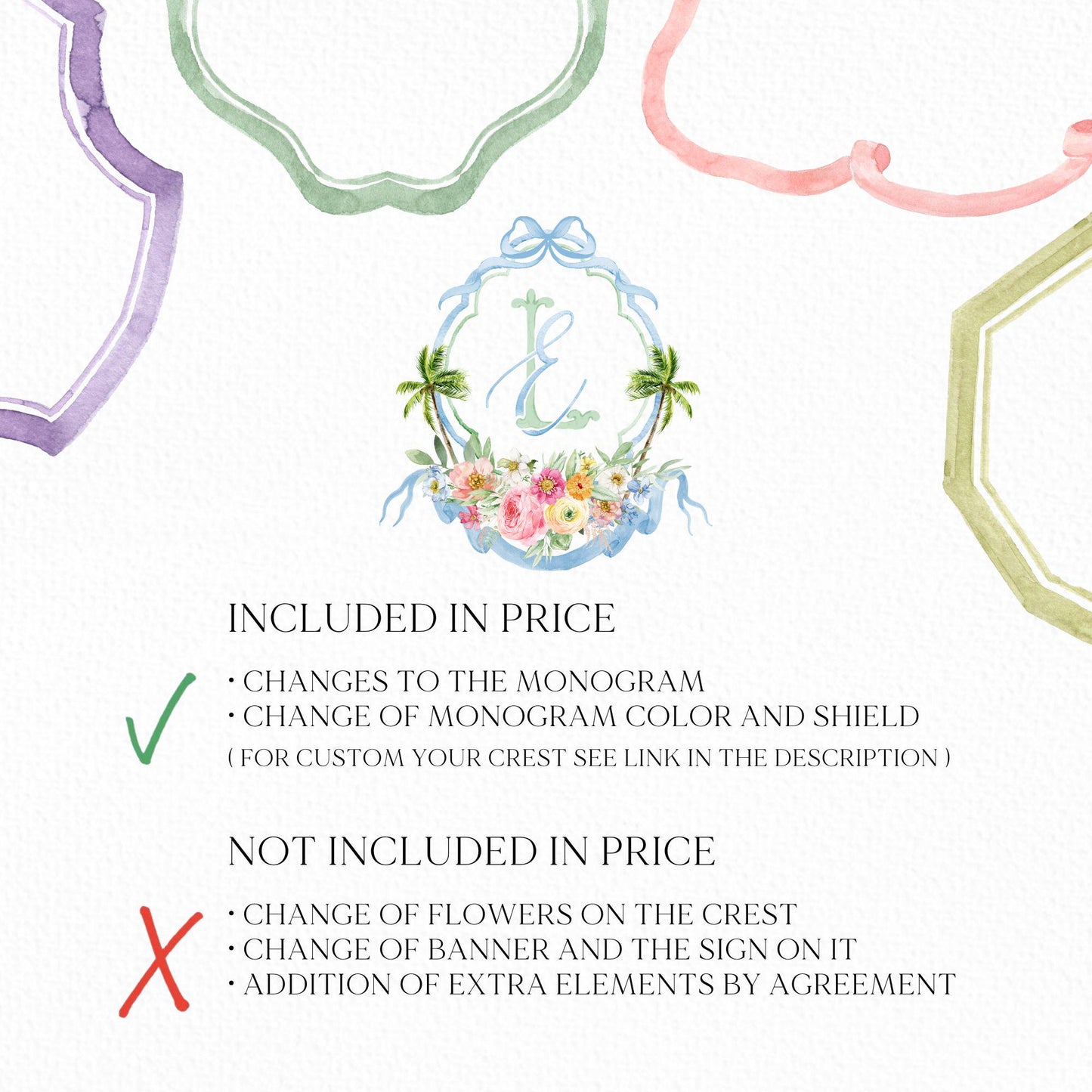 Wildflowers Bright Floral Colorful Palm Watercolor Wedding Crest - Monogram Crest -  Palm Leaf Watercolor Wedding Crest, Pastel Bright Crest