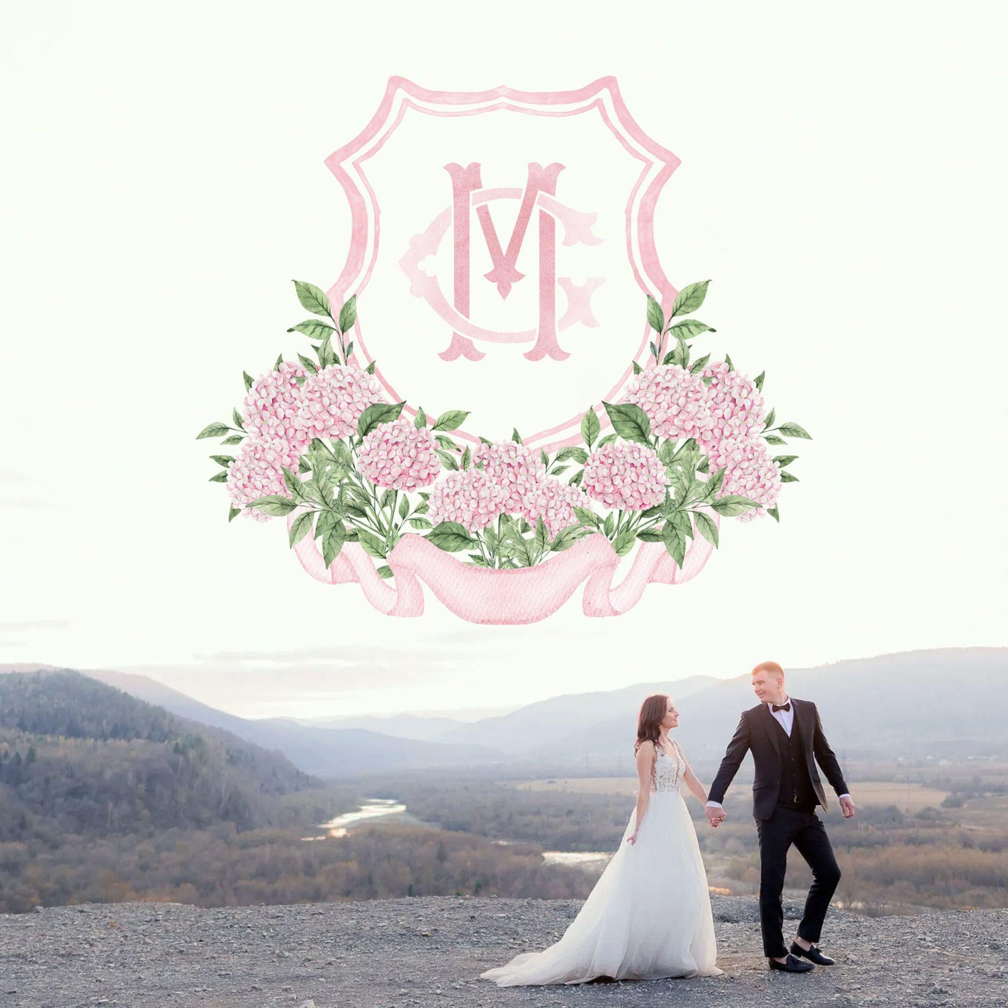 Pink Hydrangea Flower Wedding Crest - Monogram Crest - White Hydrangea Floral Luxury Watercolor Wedding Crest - Romantic Wedding Crest