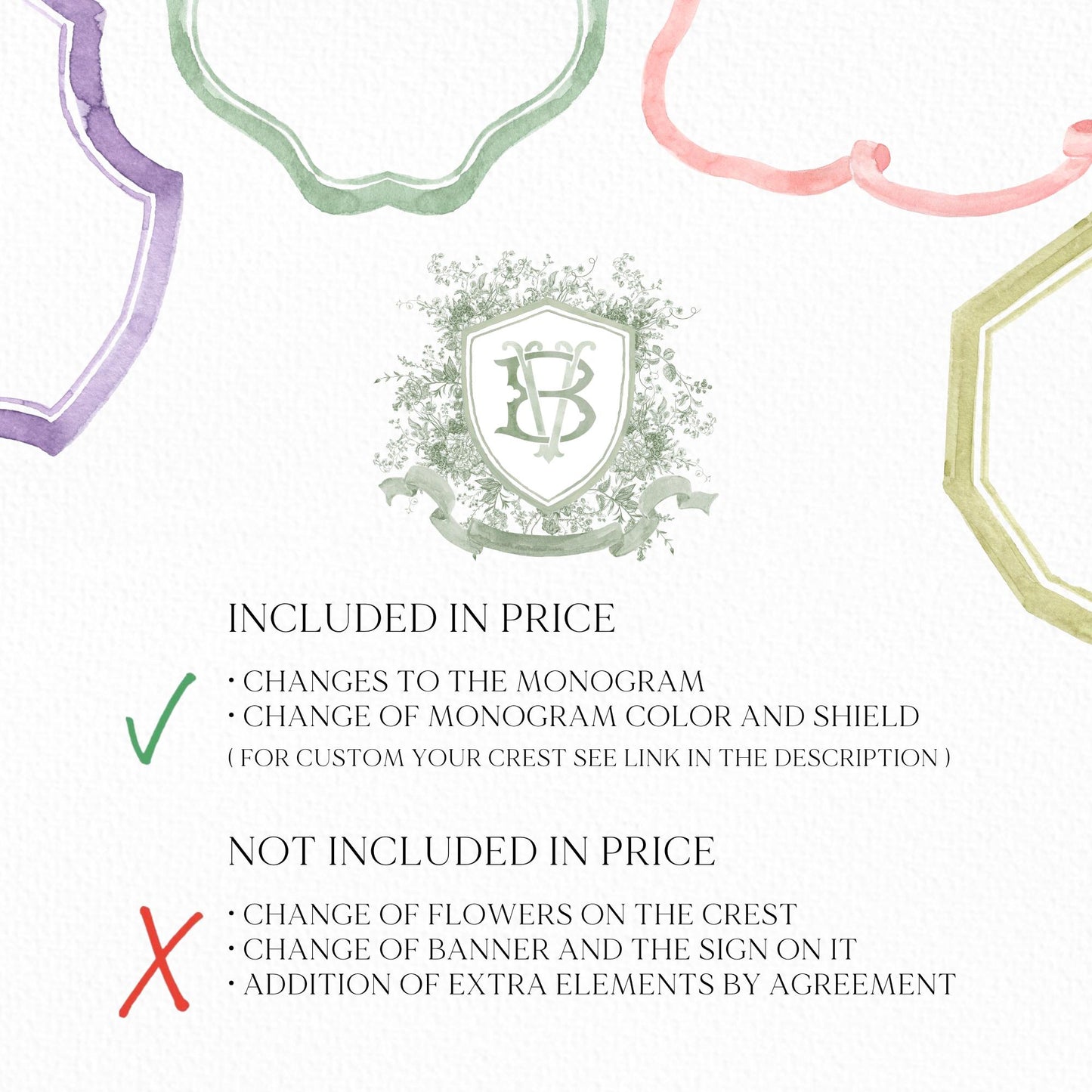 Vintage Moss Green Floral Wedding Crest - Monogram Crest - Vintage Floral Luxury Line art Wedding Crest - Romantic Wedding Crest