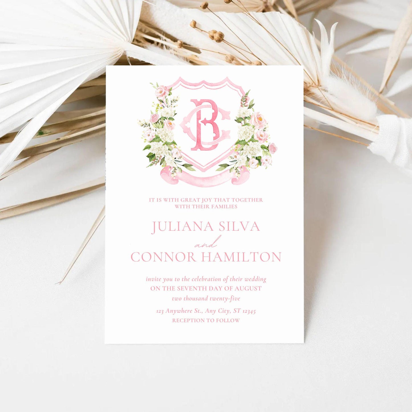 White Hydrangea Blush Pink Rose Flower Wedding Crest - Monogram Crest - Hydrangea Floral Luxury Watercolor Wedding Crest
