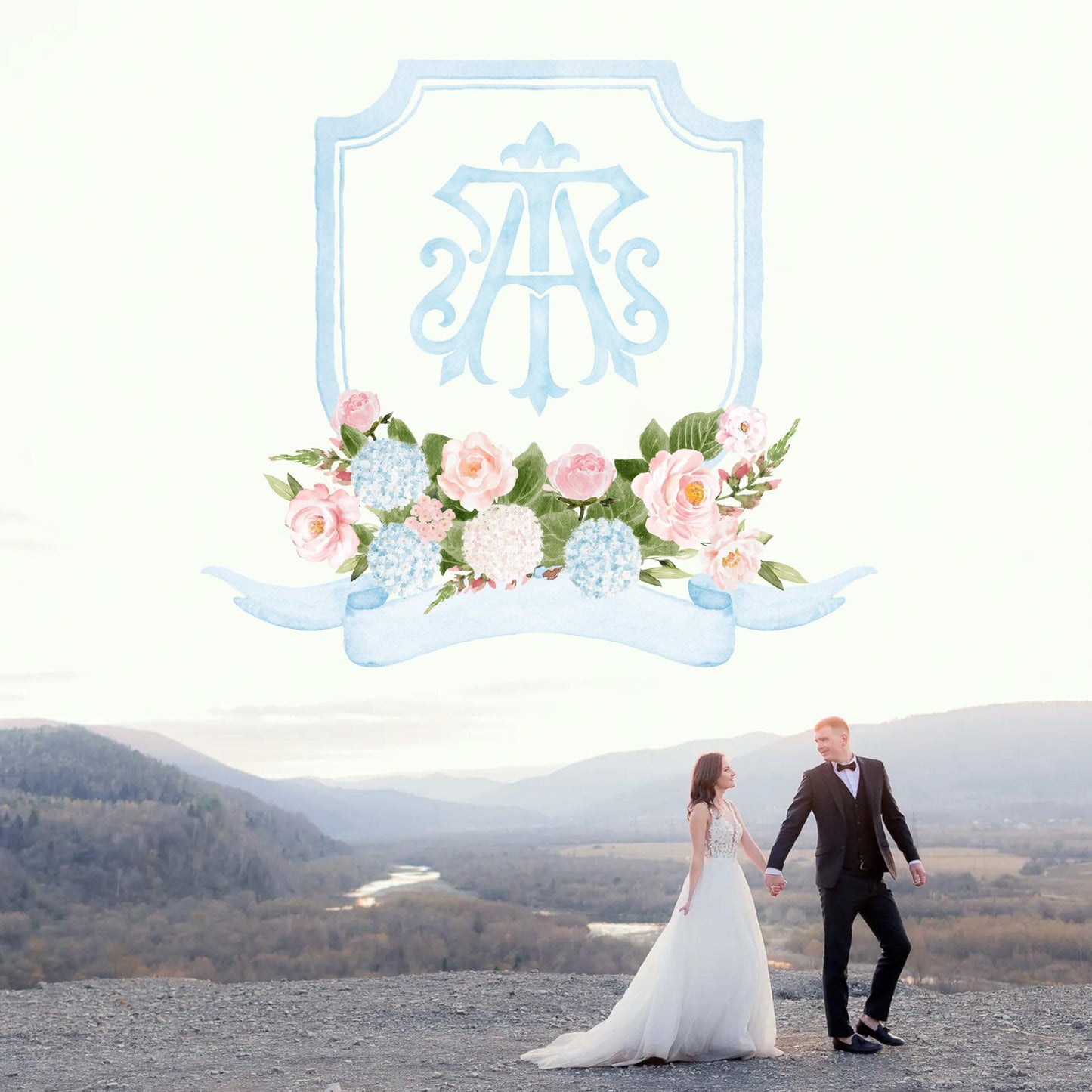 White Hydrangea Blush Pink Rose Flower Wedding Crest - Monogram Crest - Light Blue Hydrangea Floral Luxury Watercolor Wedding Crest