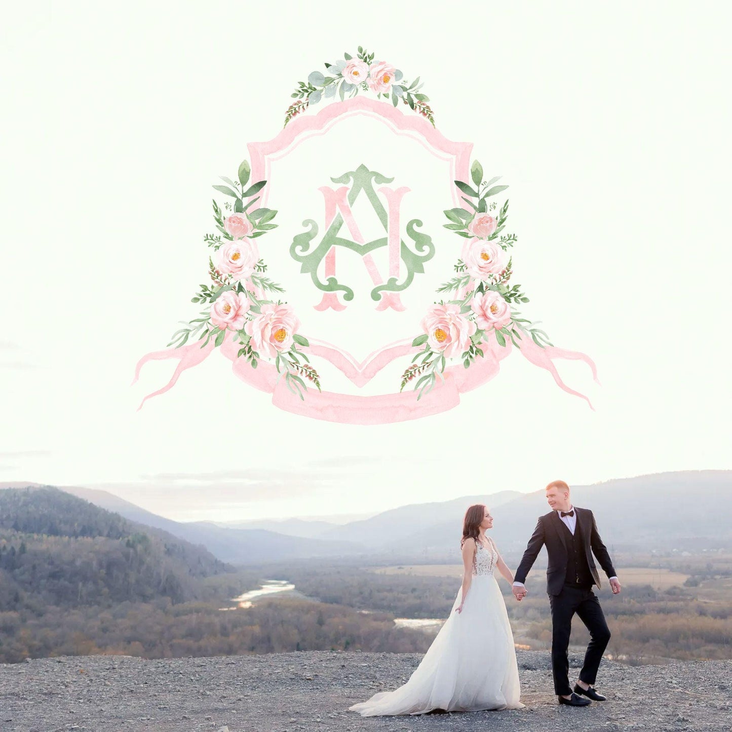 Blush Pink Floral Rustic Greenery Flower Wedding Crest - Monogram Crest - Floral Watercolor Wedding Crest - Romantic Wedding Crest
