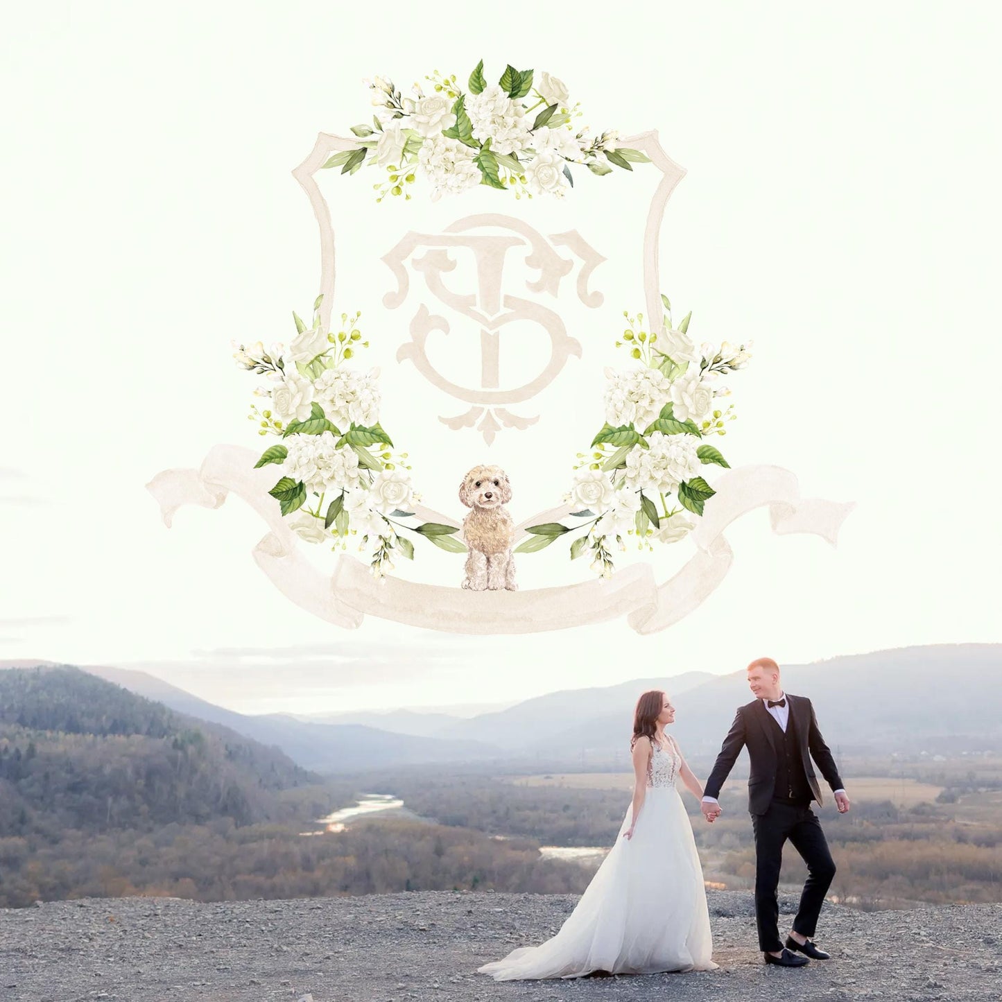 White Hydrangea Flower Wedding Crest - Monogram Crest - Hydrangea Floral Luxury Watercolor Wedding Crest - Romantic Wedding Crest