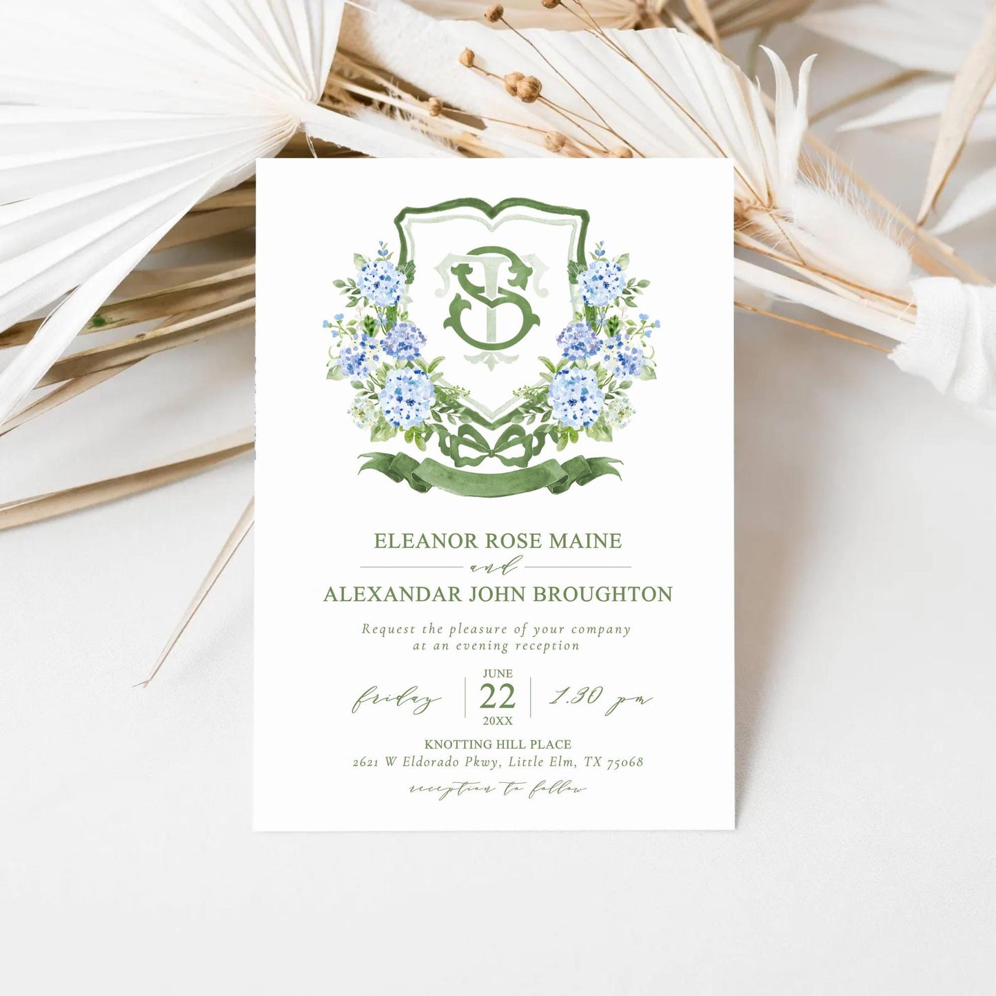 Hydrangea Blue Wedding Crest - Monogram Crest - Light Blue Hydrangea Floral Luxury Watercolor Wedding Crest - Romantic Wedding Crest