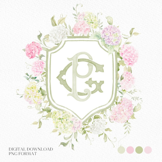 Blue White Pink Hydrangea Flower Wedding Crest