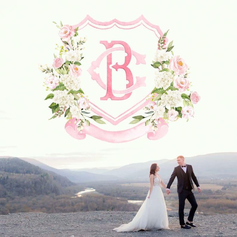 White Hydrangea Blush Pink Rose Flower Wedding Crest