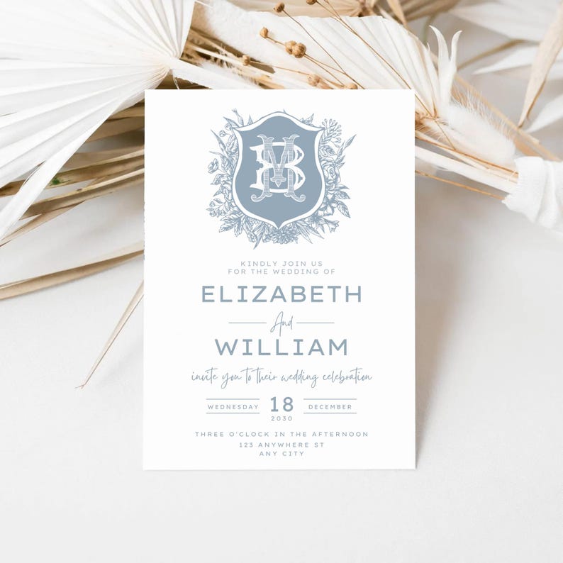 Vintage Blue Botanicals Wedding Crest - Monogram Crest